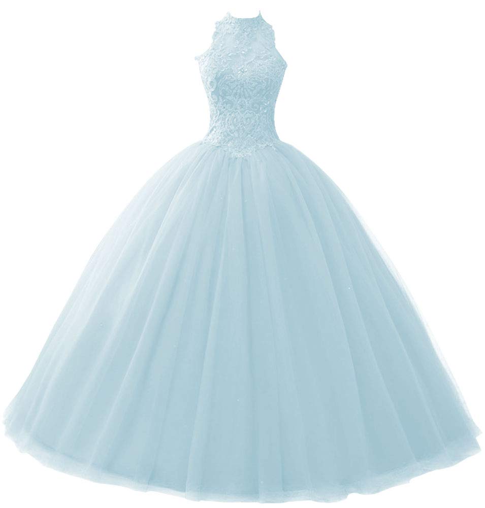 Elegant High Neck Ball Gown Quinceanera Dress - Tulle Formal Evening Dress with Lace Details for Prom, Homecoming, Wedding & Special Occasions