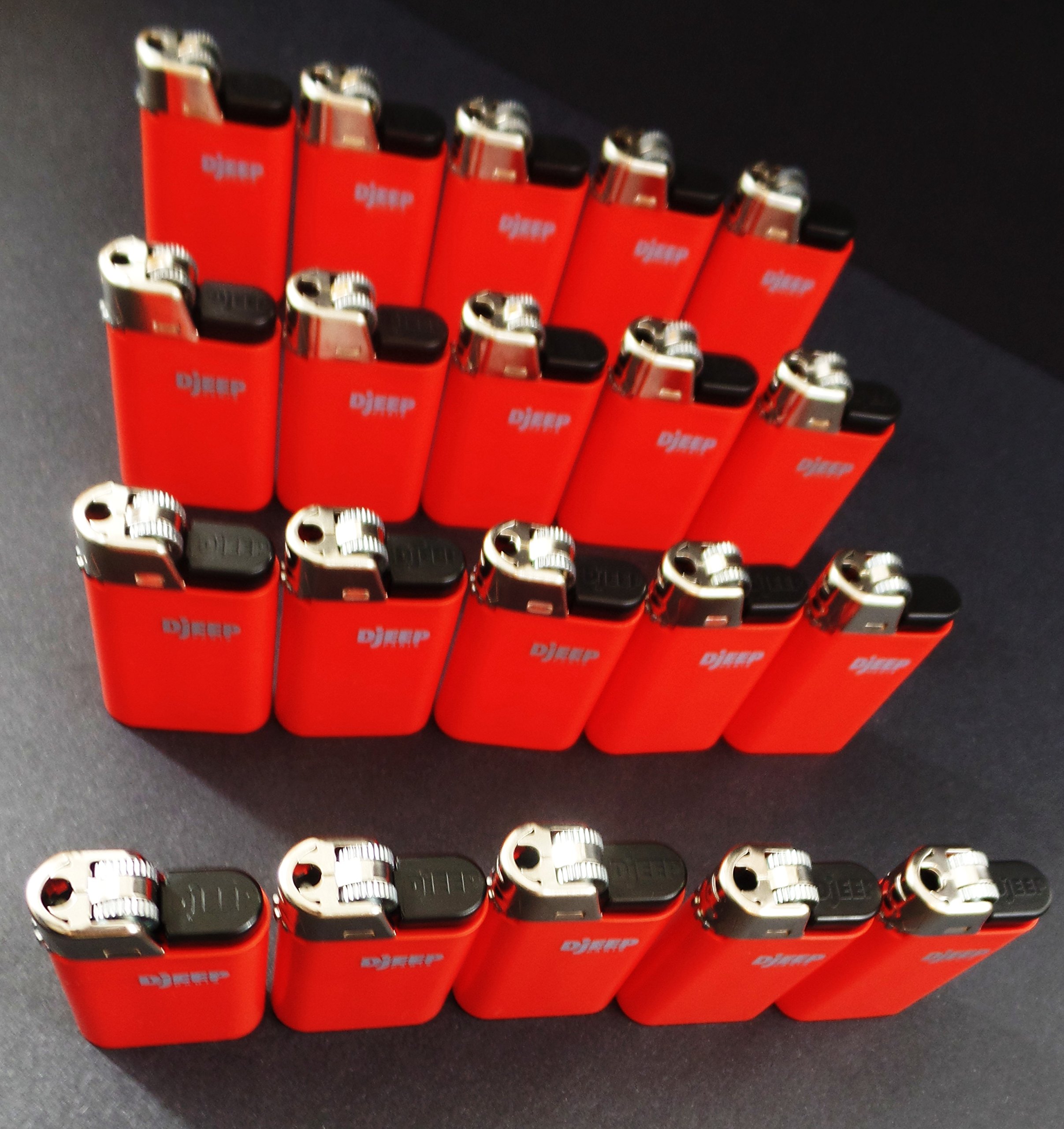 Lot of 20 Red Djeep Lighters - Windproof Refillable Cigarette Lighters for Camping, Hiking & Outdoor Use