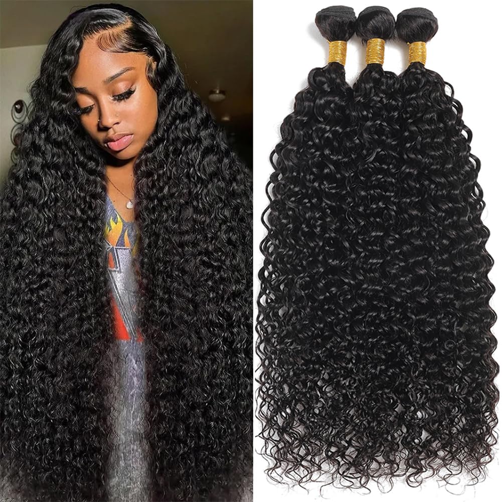 Seekomi 100% Unprocessed Brazilian Human Hair Bundles 26 28 30 Inch - 12A Grade Water Wave Natural Black Color Double Weft 3 Bundles for Weaving, Extensions & Styling
