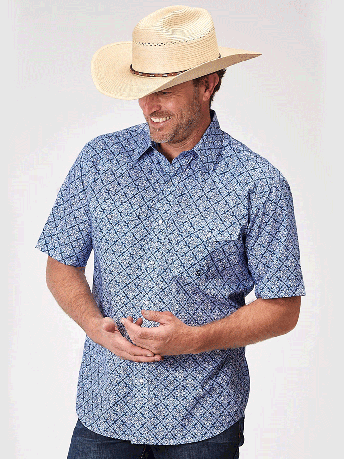 Roper Men's Blue Skies Tie Print Short Sleeve Shirt - Casual Button Down Shirt for Men, Comfortable Summer Office Wear & Outdoor Activities