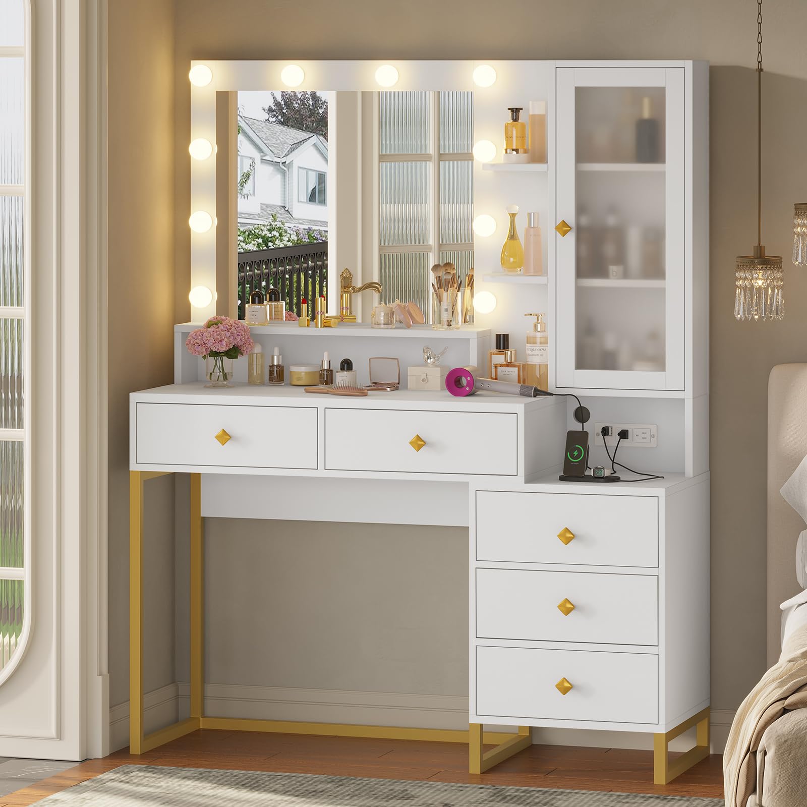Tiptiper Large Makeup Vanity with LED Lights & Charging Station - White & Gold Vanity Table with Mirror, 5 Drawers, Storage Shelves & Nightstand - Perfect for Bedroom, Dressing Room & Beauty Salon
