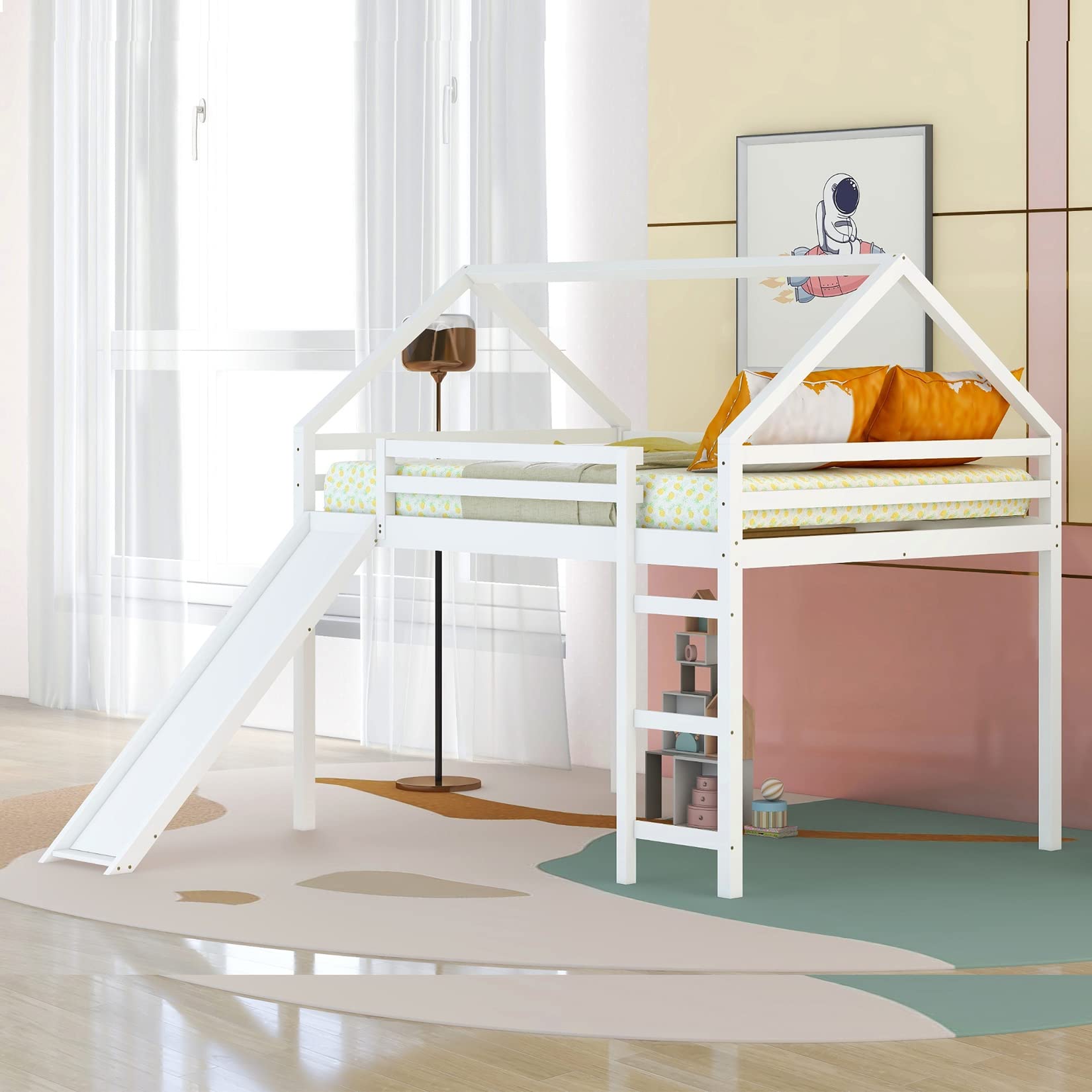 **White Full Size House Loft Bed with Slide & Ladder - Playhouse Bed for Kids & Toddlers - Perfect for Small Rooms, Playrooms & Sleepovers**