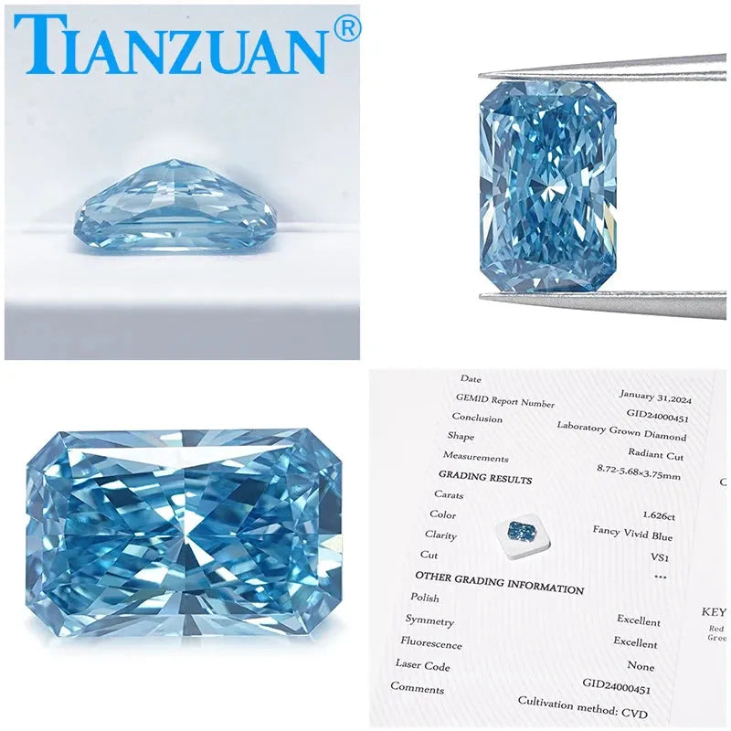 Radiant Cut Lab Grown CVD Diamond - Fancy Vivid Blue VVS1/VS2 3EX Certified Loose Gemstone | Engagement Rings, Wedding Bands & Fine Jewelry Making
