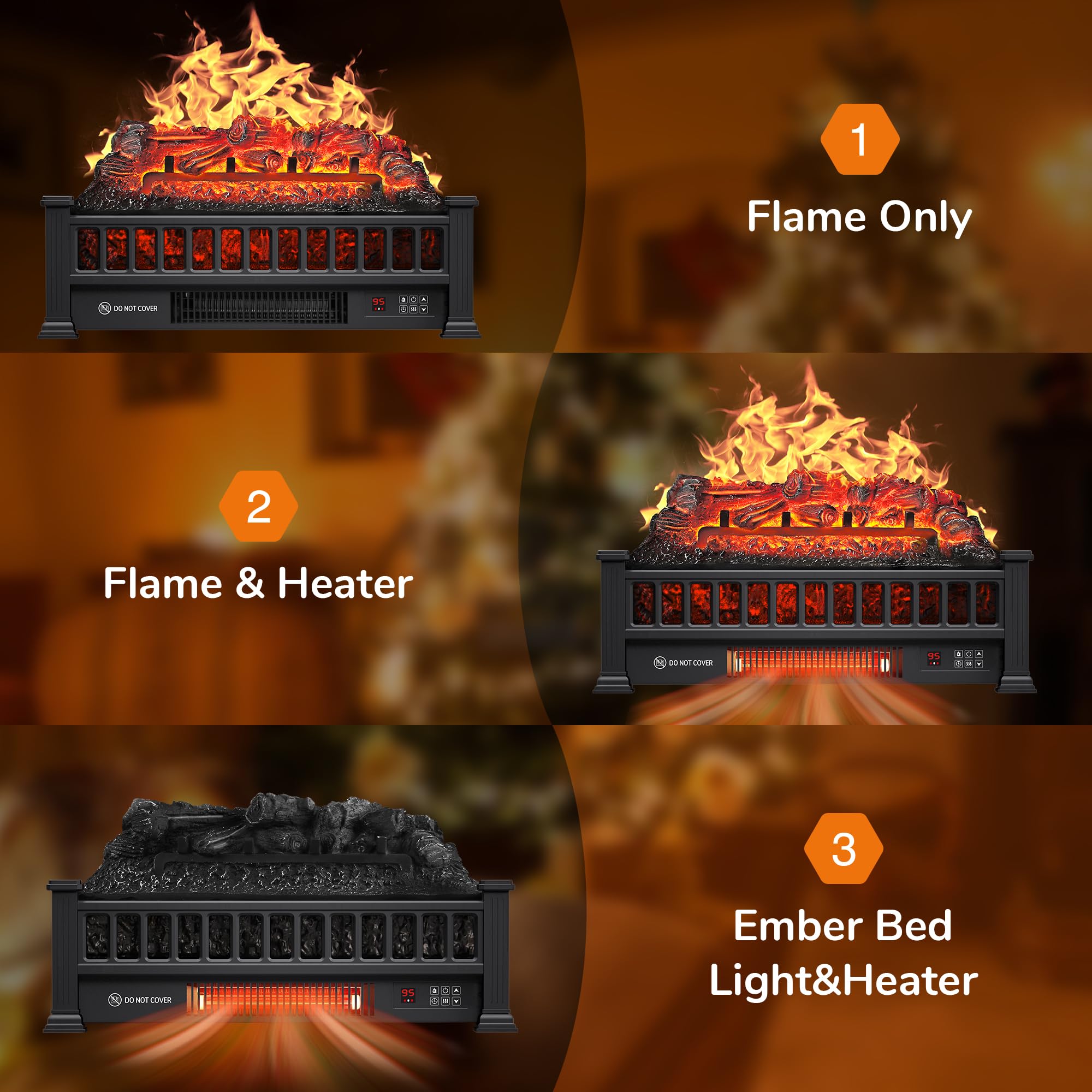 20-Inch Electric Fireplace Logs with Remote Control - Adjustable Flame Colors & Realistic Fake Firewood - 1500W Heater with Overheat Protection, Timer & Thermostat - Perfect for Living Room, Bedroom & Office Warmth (Black)