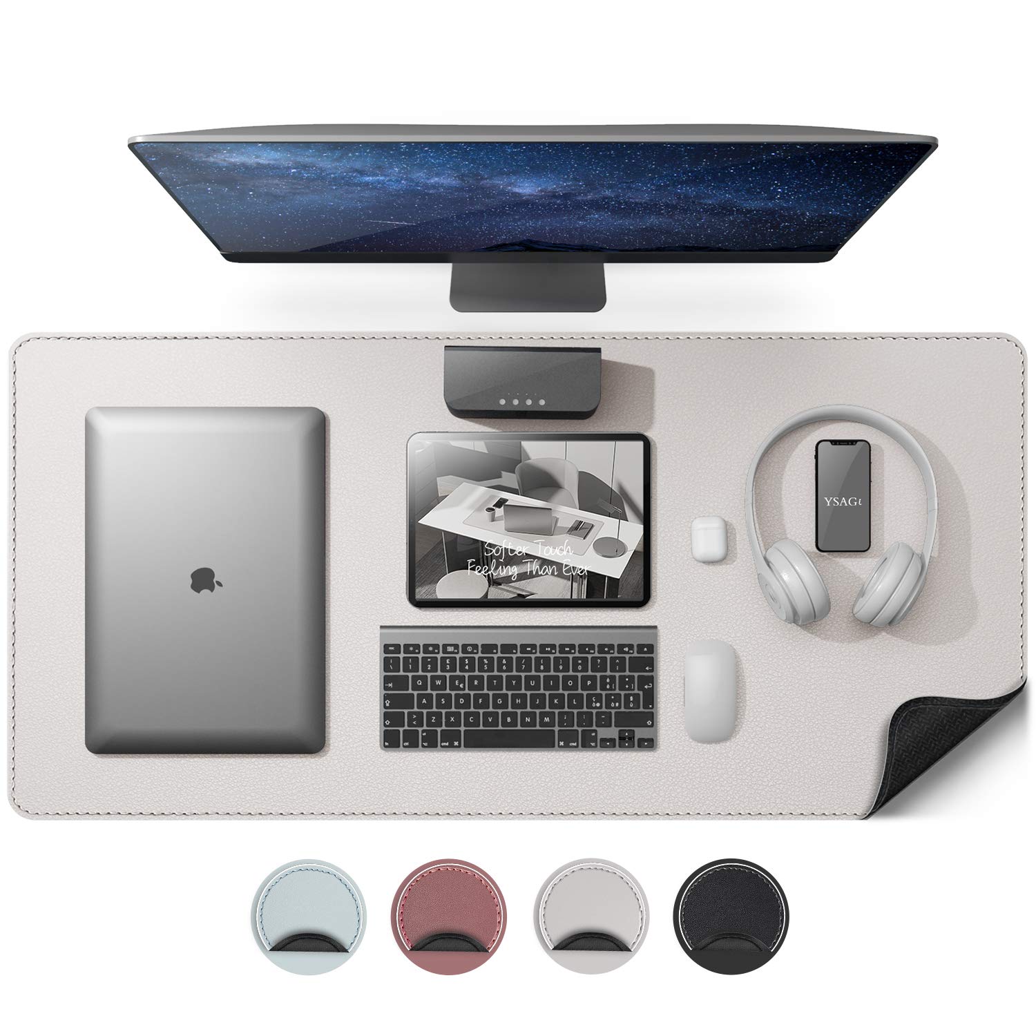 YSAGi Large PU Leather Desk Mat - Non-Slip Rubber Base, Waterproof Office Desk Protector & Mouse Pad for Home & Work (35.4