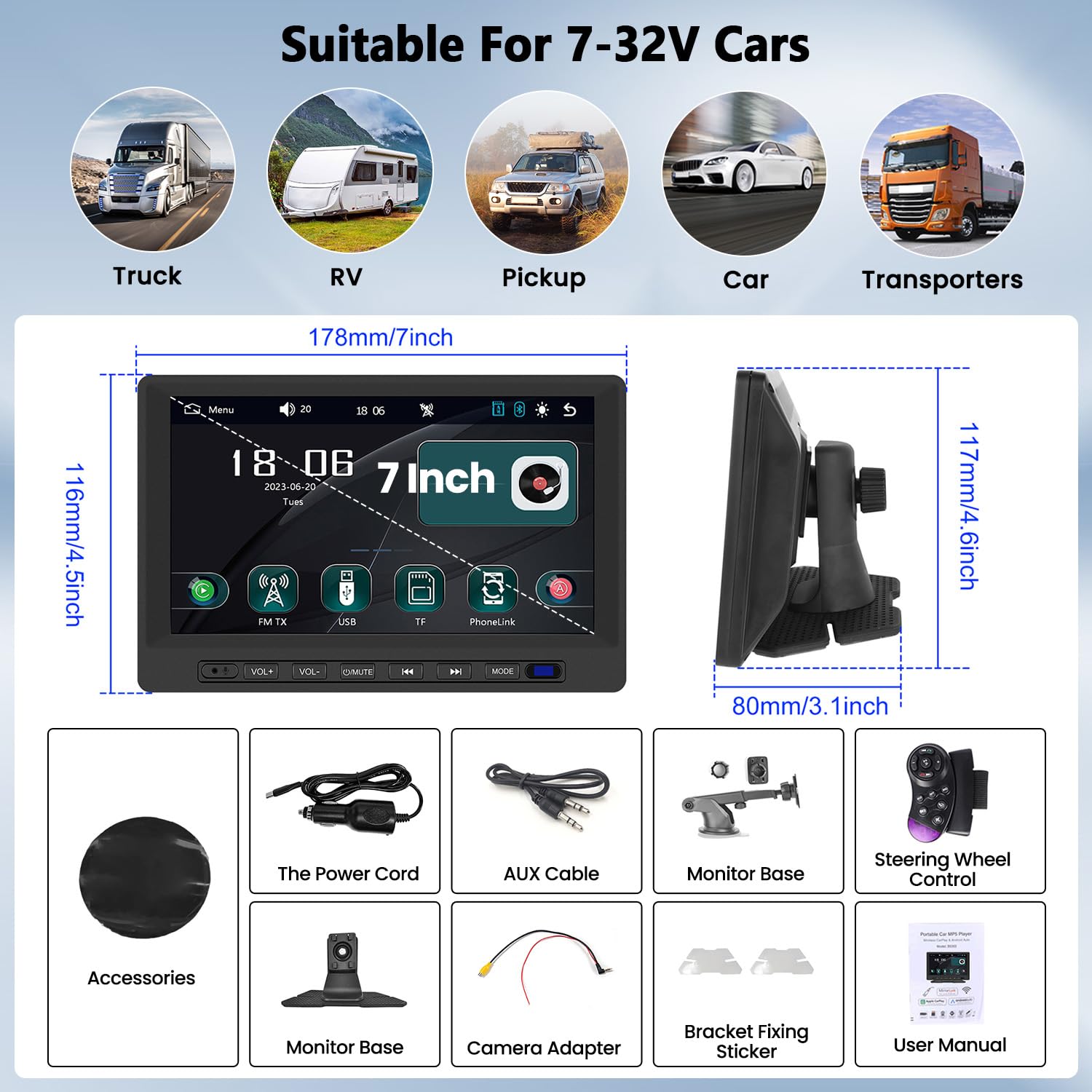 7-inch Portable Car Stereo with Wireless Apple CarPlay & Android Auto - Touchscreen Bluetooth FM Receiver with Steering Wheel Control, Voice Command & AUX Input (7V-32V) - Perfect for Road Trips, Commuting & Hands-Free Driving