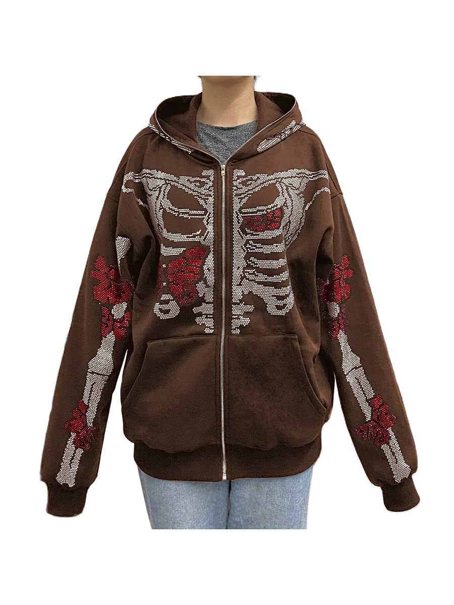 Y2K Oversized Women's Skeleton Hoodie with Rhinestone Details - Full Zip Up Skull Graphic Sweatshirt Jacket (Brown, Small) | Perfect for Halloween Costumes, Streetwear Fashion & Gothic Style Outfits