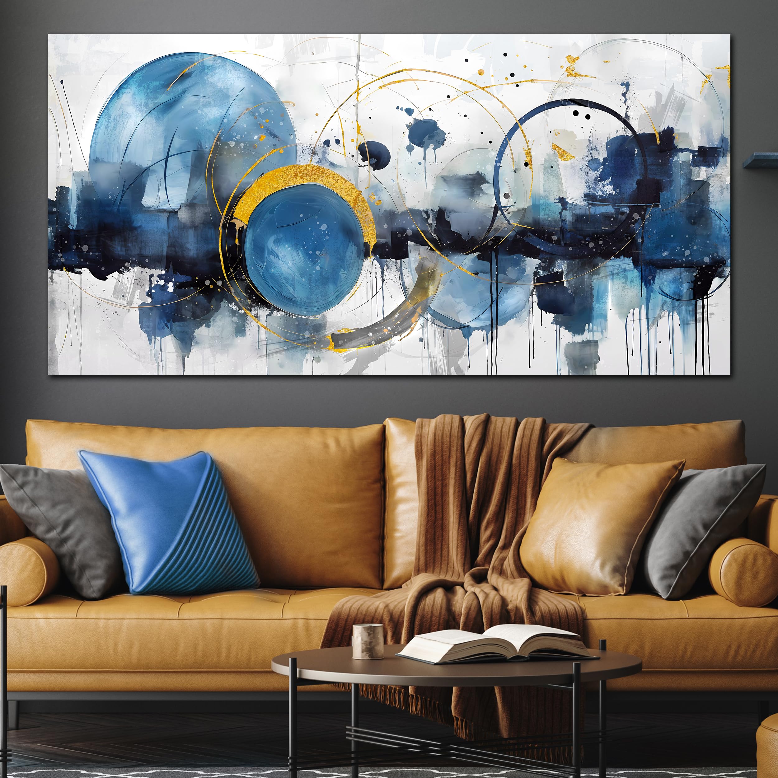 Modern Abstract Wall Art - Blue Contemporary Canvas Painting for Home & Office Decor - Ready to Hang 29x59 Inches - Perfect for Living Room, Bedroom & Teen Room Aesthetic