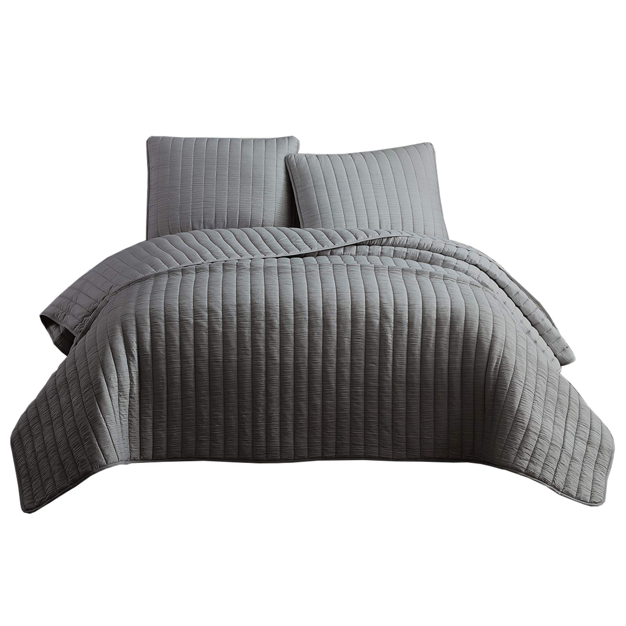 Benjara 3-Piece Queen Size Crinkle Bedspread Set with Vertical Stitching - Soft Gray Bed Cover for Master Bedroom & Guest Room Decor