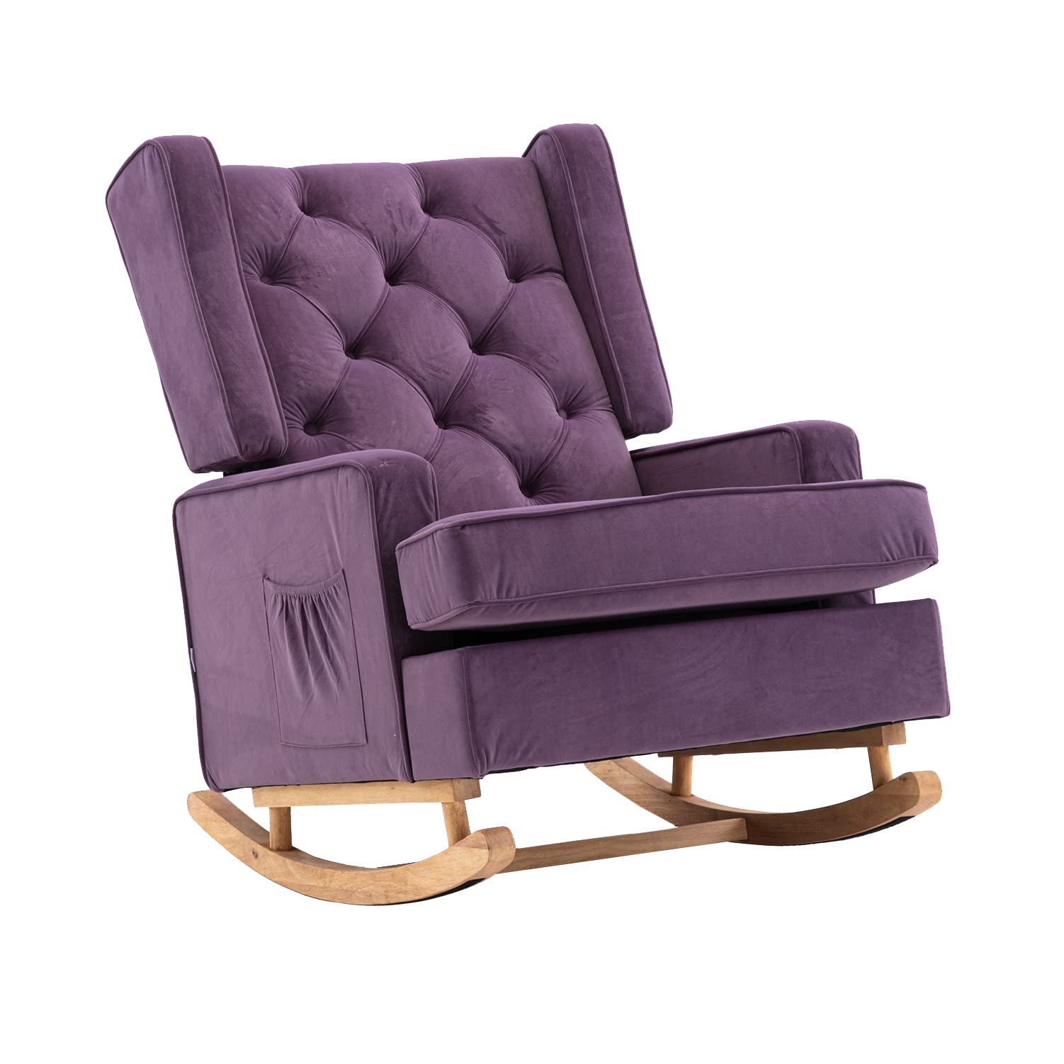 Mid-Century Modern Upholstered Solid Wood Rocking Chair - Comfortable Nursery Glider Rocker for Living Room, Bedroom & Office - Purple Accent Lounge Chair - Perfect for Relaxing, Nursing & Reading
