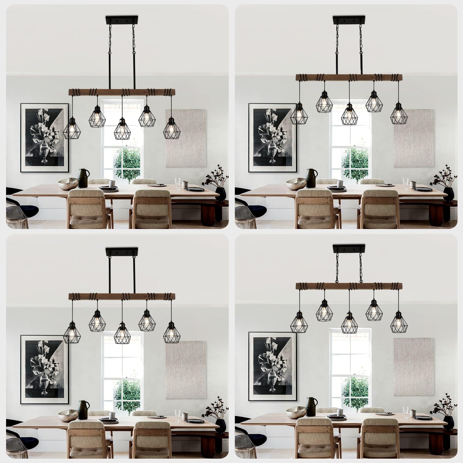 5-Light Farmhouse Linear Chandelier - Matte Black Rustic Wood Ceiling Pendant Light with Metal Lampshade for Kitchen Island, Dining Room Table | Modern Farmhouse Decor Lighting Fixture