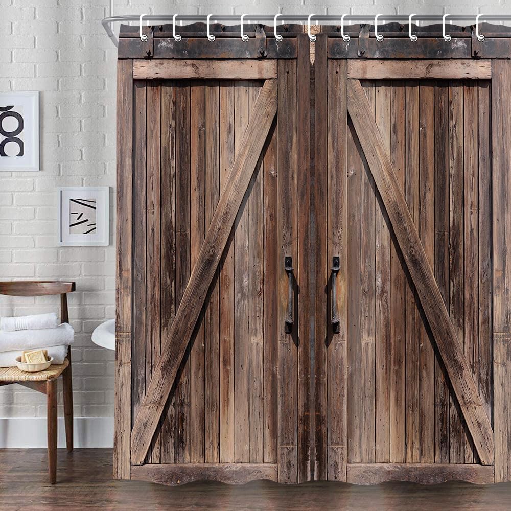 NYMB Old Barn Door Shower Curtain - Rustic Wooden Barn Style Waterproof Bathroom Decor (69x78 Inches) with Hooks | Perfect for Farmhouse, Country Style Bathrooms & Vintage Home Decor