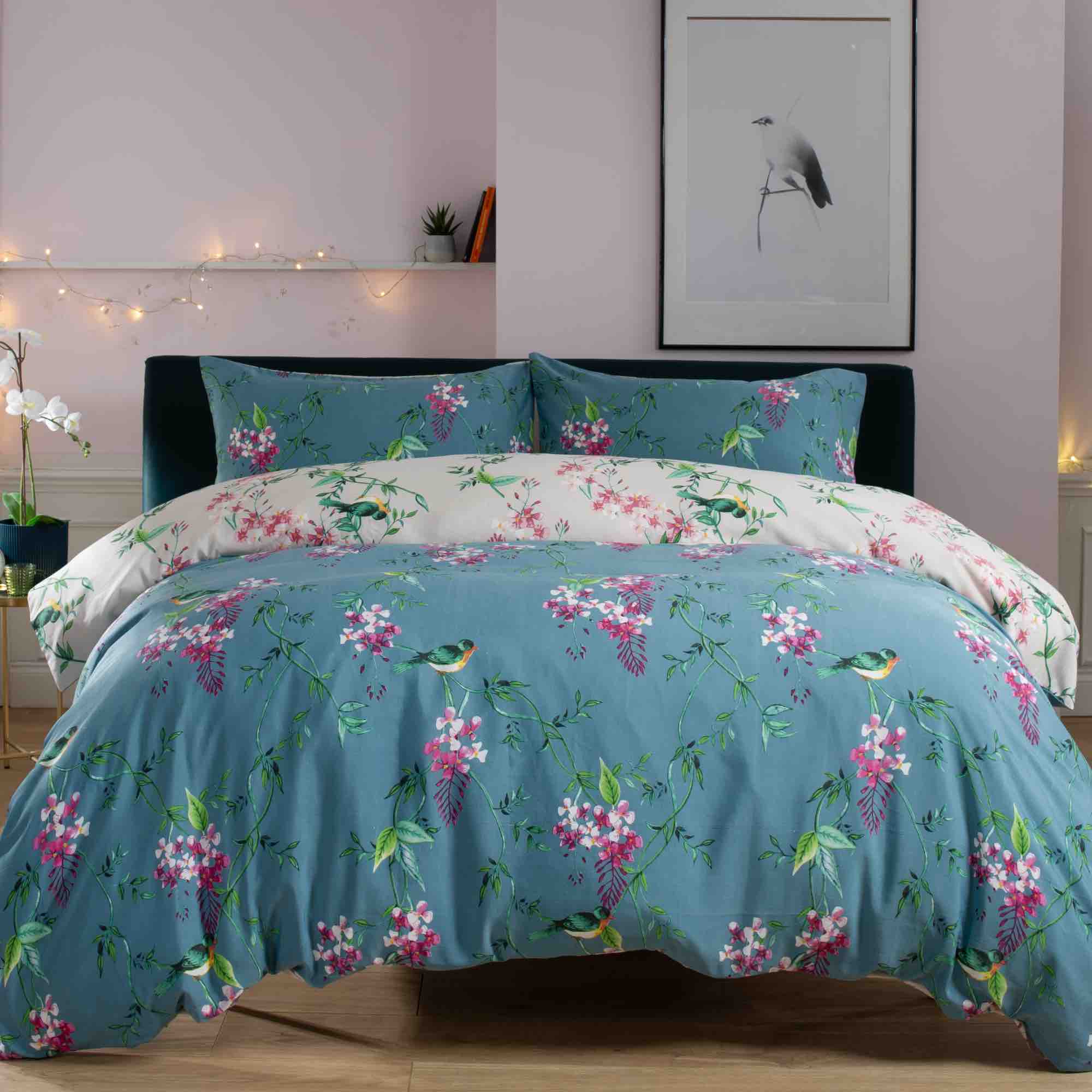 Deyongs 1846 Bird Garden Duvet Cover Set - Teal Blue Floral Bedding for Queen/King Size - Perfect for Boho Chic & Farmhouse Bedroom Decor