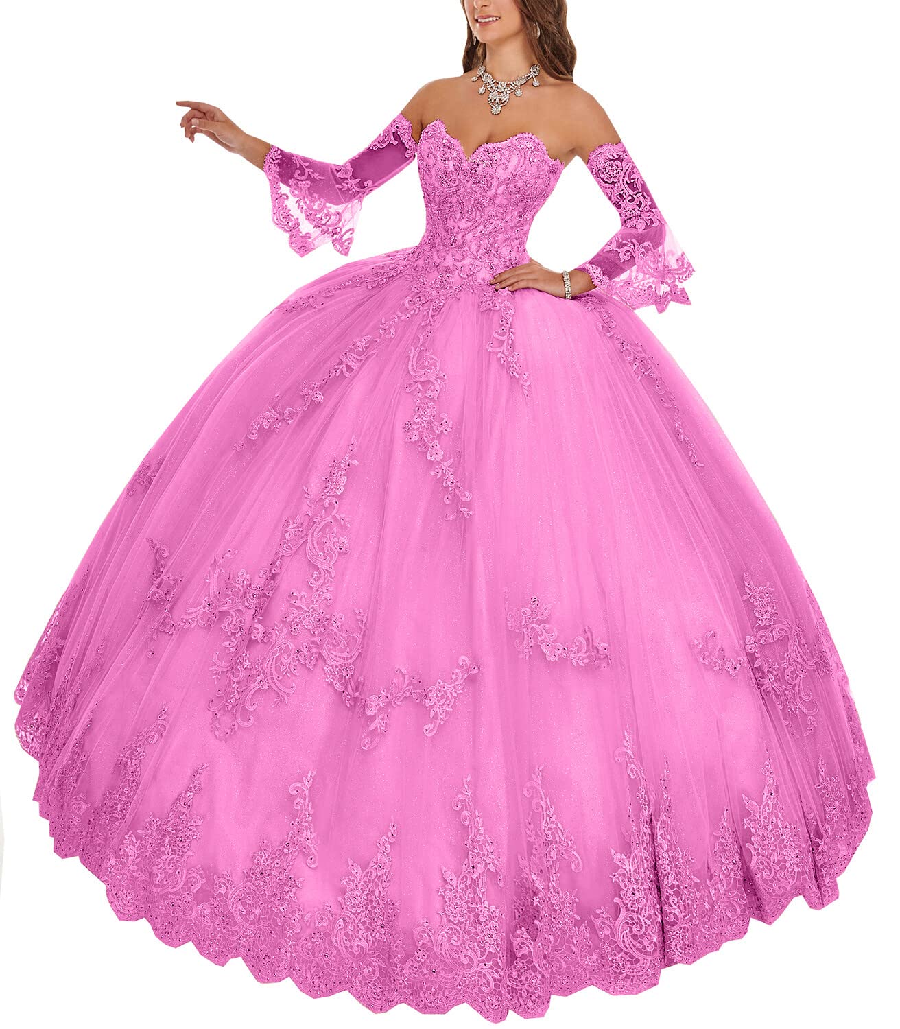 Elegant Ball Gown Lace Quinceanera Dresses for Women 2024 | Sweetheart Neckline Long Sleeve Prom Dress with Appliqued Beading | Perfect for Quinceañeras, Prom Nights & Formal Parties