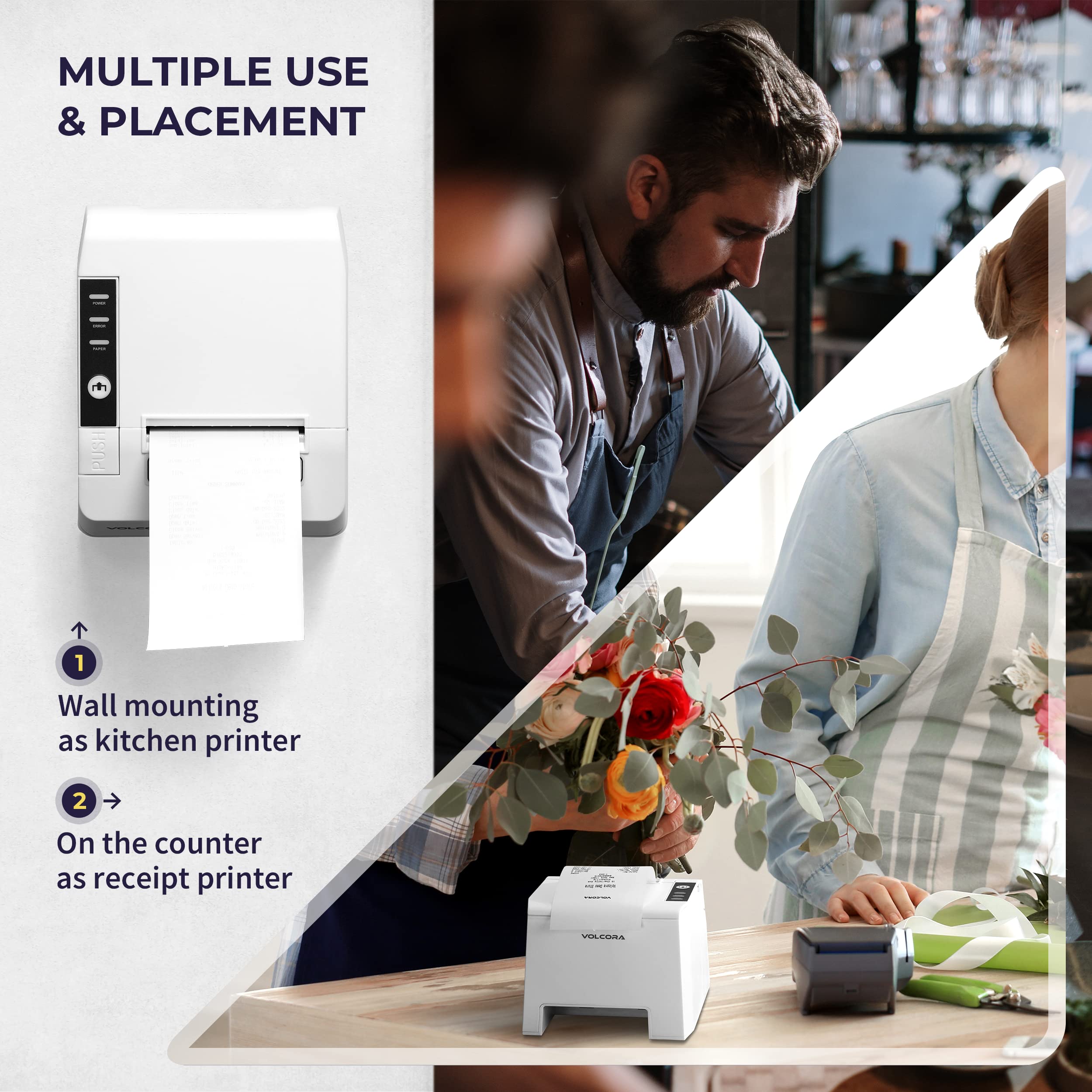 Volcora 80mm Thermal Receipt Printer with Auto Cutter - USB/Bluetooth POS Printer for Windows/MAC/Linux - ESC/POS Command Support & Cash Drawer - High-Speed Kitchen Printer for Restaurants, Retail Stores & Offices - Wall Mountable White POS System