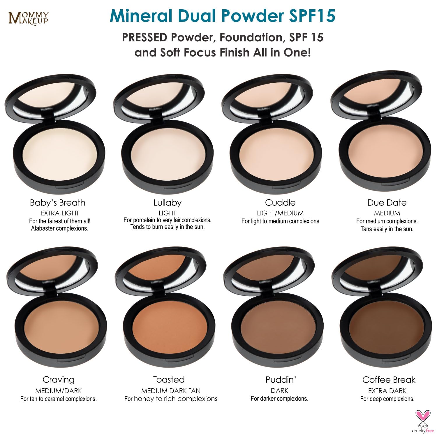 Mommy Makeup Mineral Dual Powder SPF15 [4-in-1 Pressed Mineral Foundation] 0.45 oz - Oil-Free, Talc-Free, Fragrance-Free, Paraben-Free - Natural Sun Protection & Lightweight Coverage for Everyday Wear
