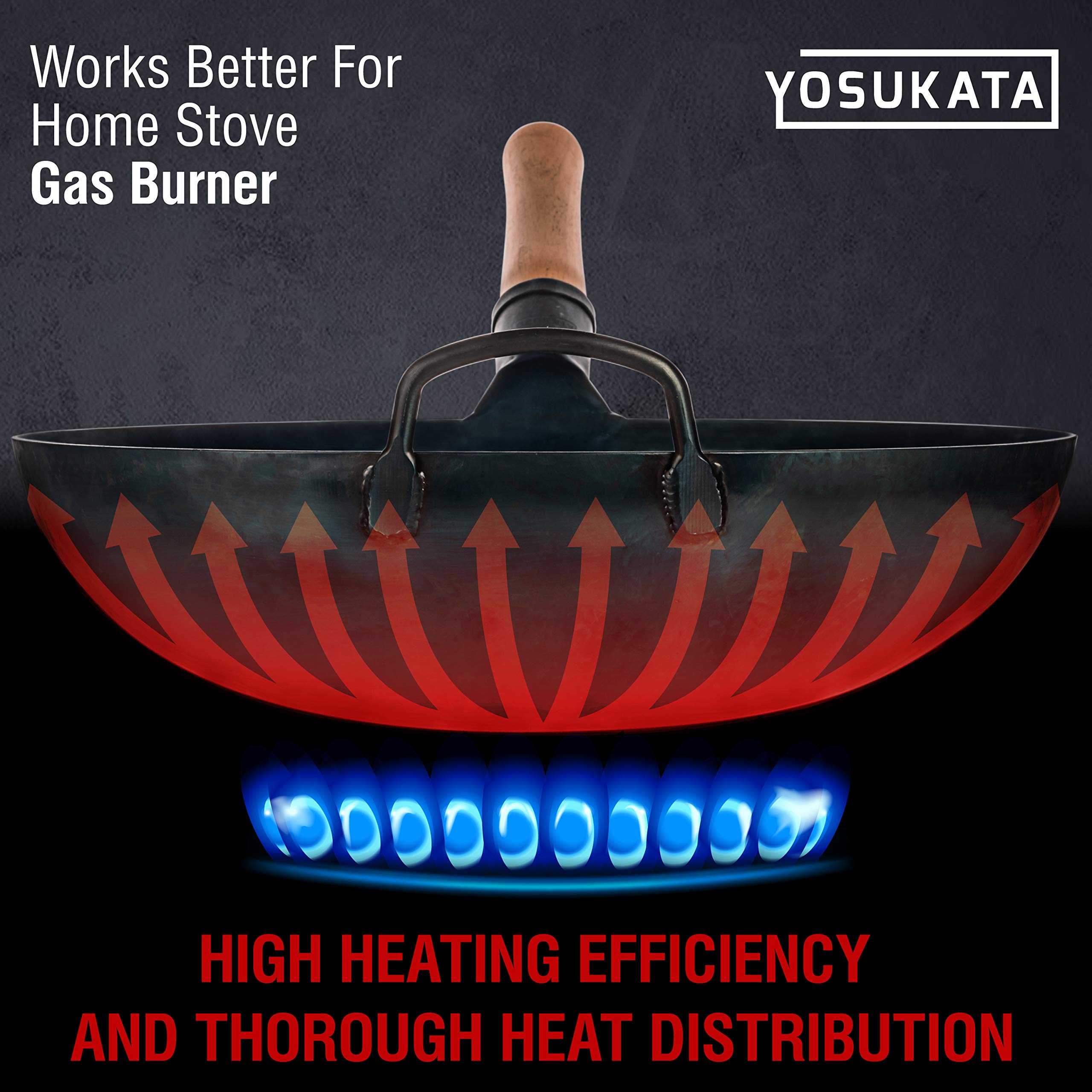 YOSUKATA 14 Inch Blue Round Bottom Carbon Steel Wok Pan - Traditional Chinese & Japanese Hammered Stir Fry Cookware - Perfect for Home Cooking, Asian Cuisine & Professional Chefs