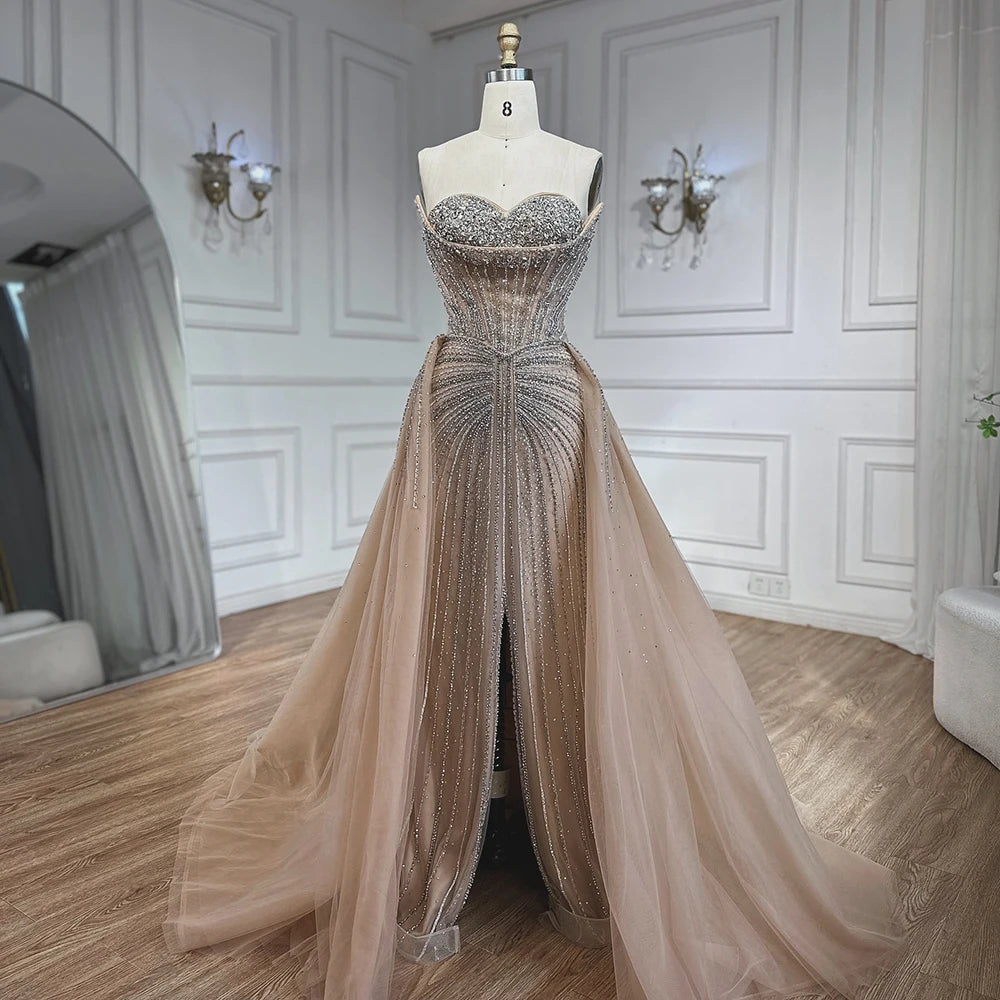 Luxury Dubai Nude Beaded Mermaid Evening Dress with Overskirt - Elegant Formal Gown for Prom, Wedding & Black Tie Events | LA72811