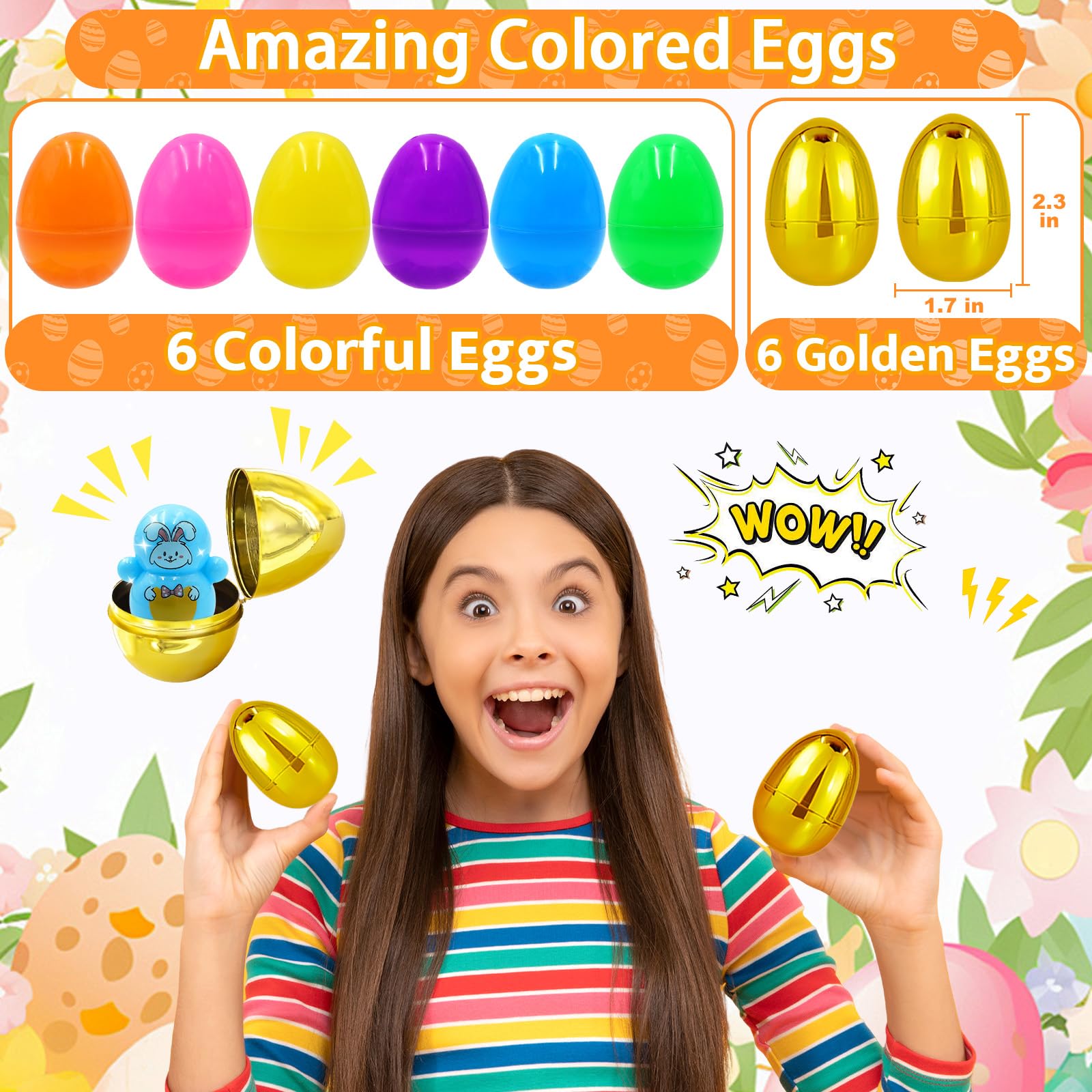 6 Surprise Golden Eggs - 100 PCS Easter Prefilled Plastic Eggs with Assorted Toys for Kids, Toddlers, Boys & Girls - Perfect for Easter Basket Stuffers, Party Favors, Egg Hunts & Classroom Rewards