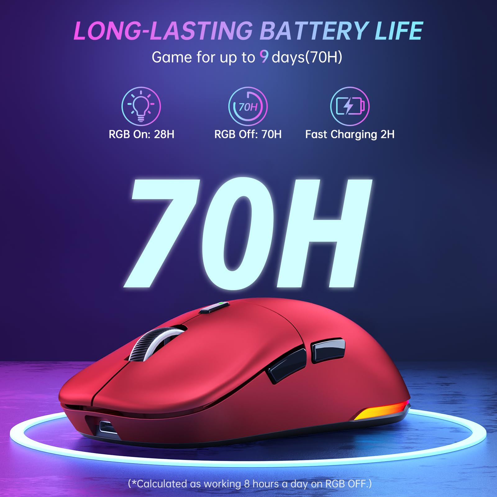 UHURU Wireless Gaming Mouse - 68g Ultra Lightweight RGB Mouse with 26,000 DPI & 6 Programmable Buttons - 70H Rechargeable Battery for PC/Mac (Red, WM-09) - Perfect for FPS, MOBA & Esports Gaming