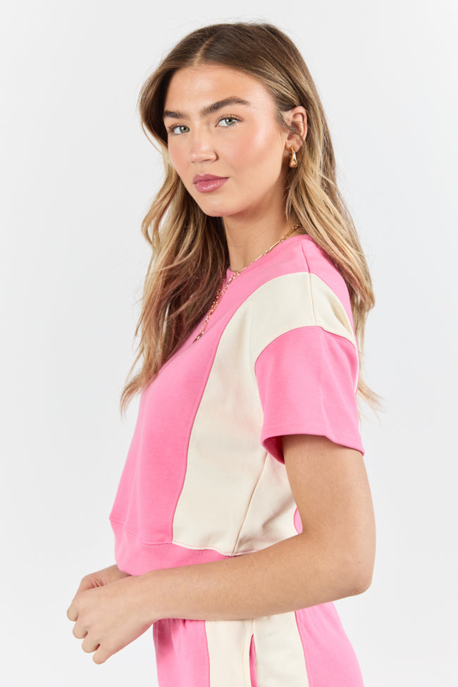 Stylish Pink and Ivory Contrast French Terry Short Sleeve Sweatshirt for Women | Soft Casual Pullover | Perfect for Gym, Lounge & Everyday Wear