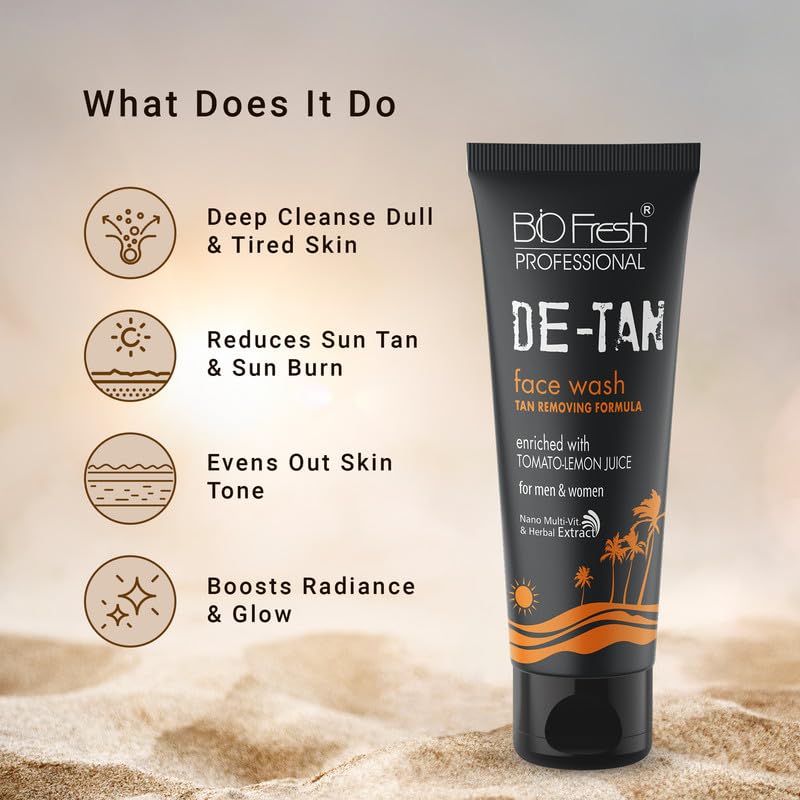 BIOFRESH Tan Removal De-Tan Face Wash - 75ml Oil Control Face Cleanser with Tomato & Lemon Juice for Sun Tan Removal, Brightening & Daily Cleansing - Suitable for Men & Women (Pack of 1) - Perfect for Post-Sun Care & Daily Skincare Routine