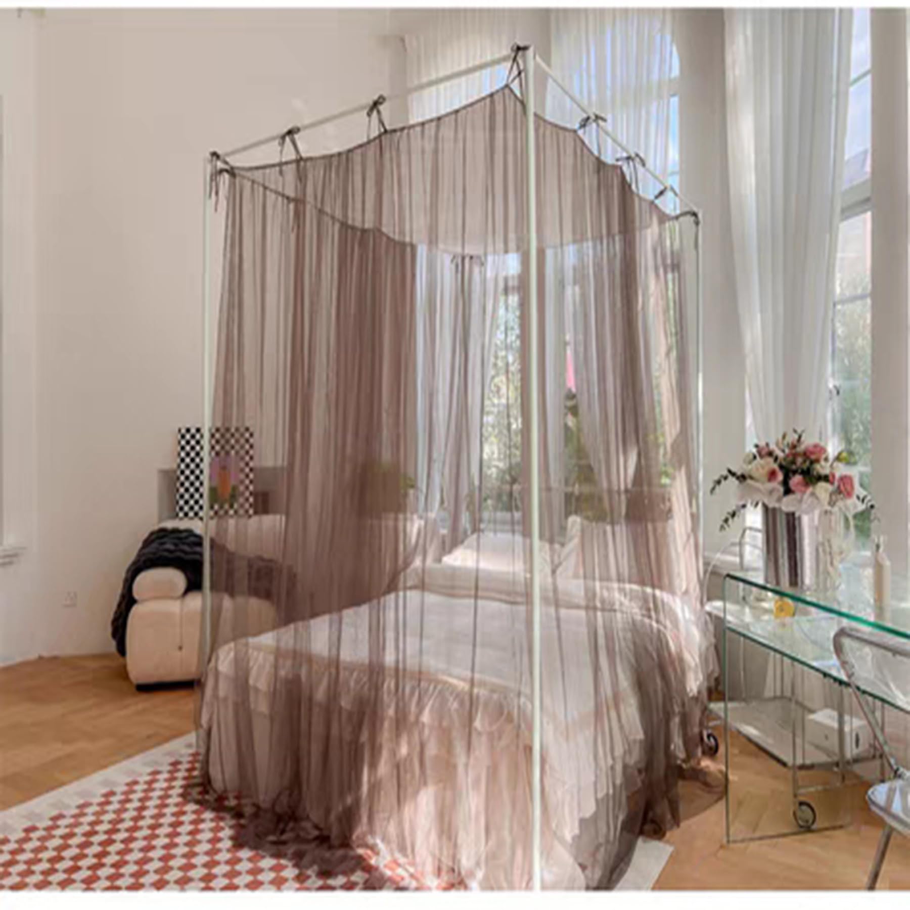 Full Size Metal Canopy Bed Frame with Curtain - Queen Canopy Bed Posts for Wood/Metal Beds, Bedroom Decor in Latté Finish | Perfect for Master Bedrooms, Guest Rooms & Boho Chic Decor
