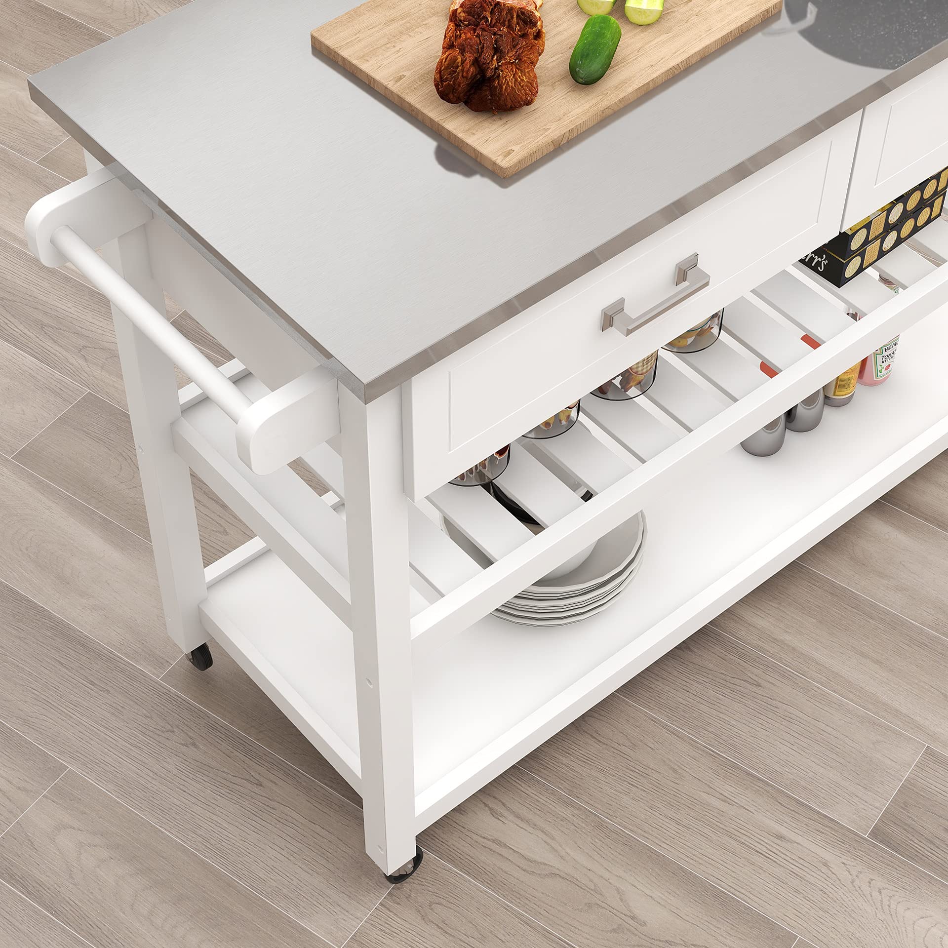 RASOO White Kitchen Island Cart with Stainless Steel Top, 2 Drawers & Storage Shelves, Mobile Kitchen Cart on Wheels 47.24