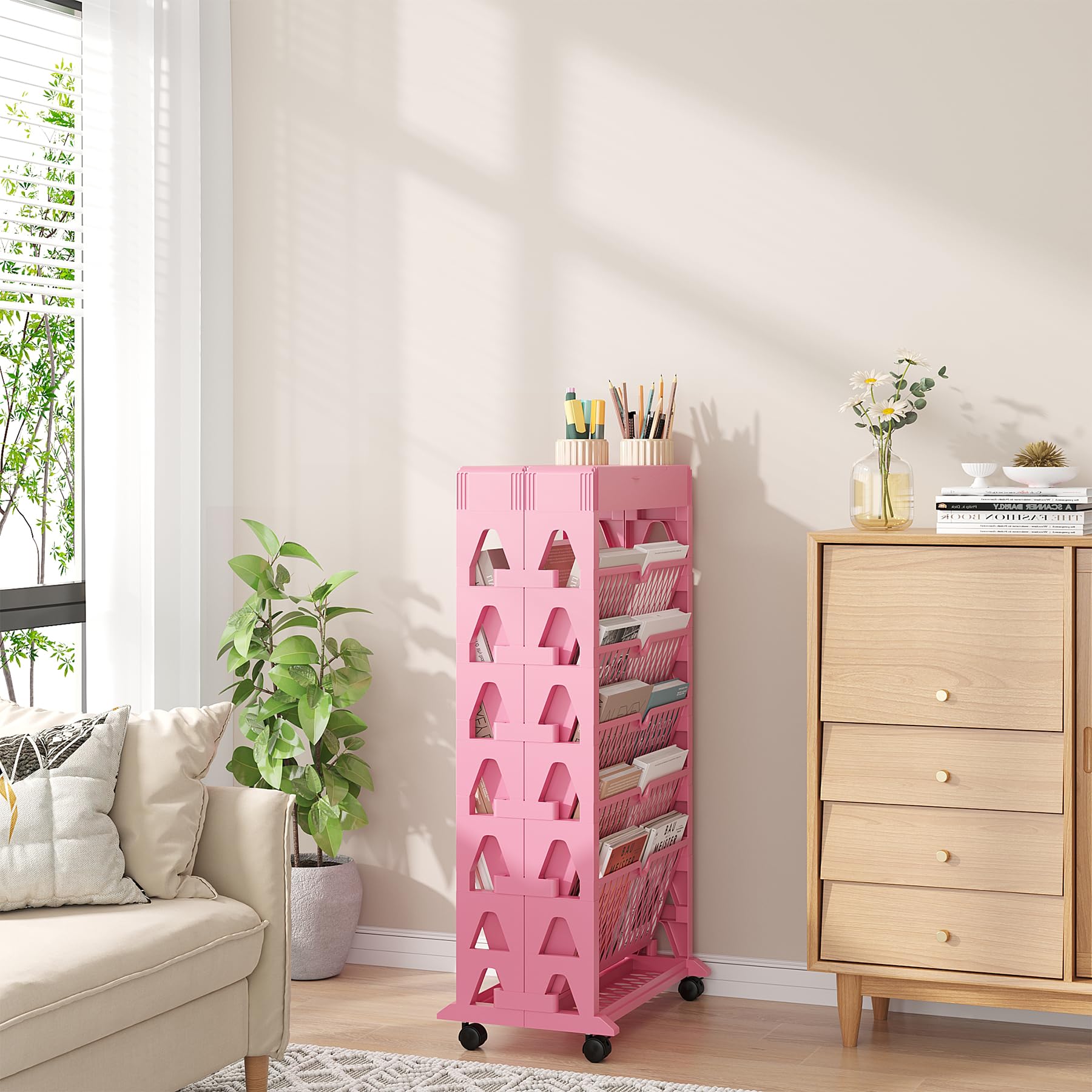 6-Tier Rolling Bookcase with Removable Shelves - Kids Book Organizer, Magazine & File Storage Rack (10 Slots, Pink) - Perfect for Home Office, Classroom & Playroom Organization