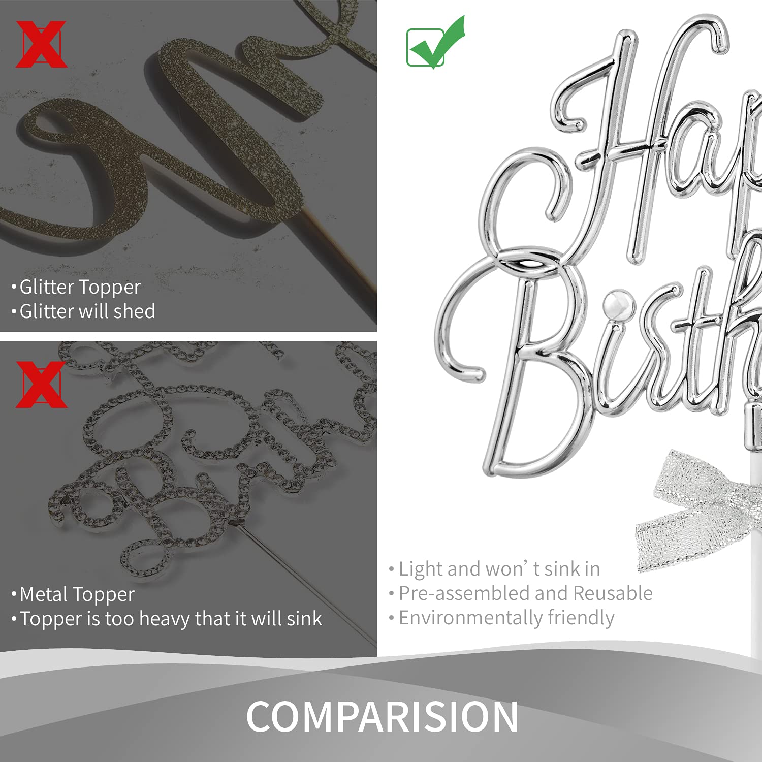 3D Silver Happy Birthday Cake Topper - Double Sided Cursive Sign with Bow for Birthday Cake Decoration | Perfect for Birthday Parties, Photo Booths & Celebrations (SILVER)