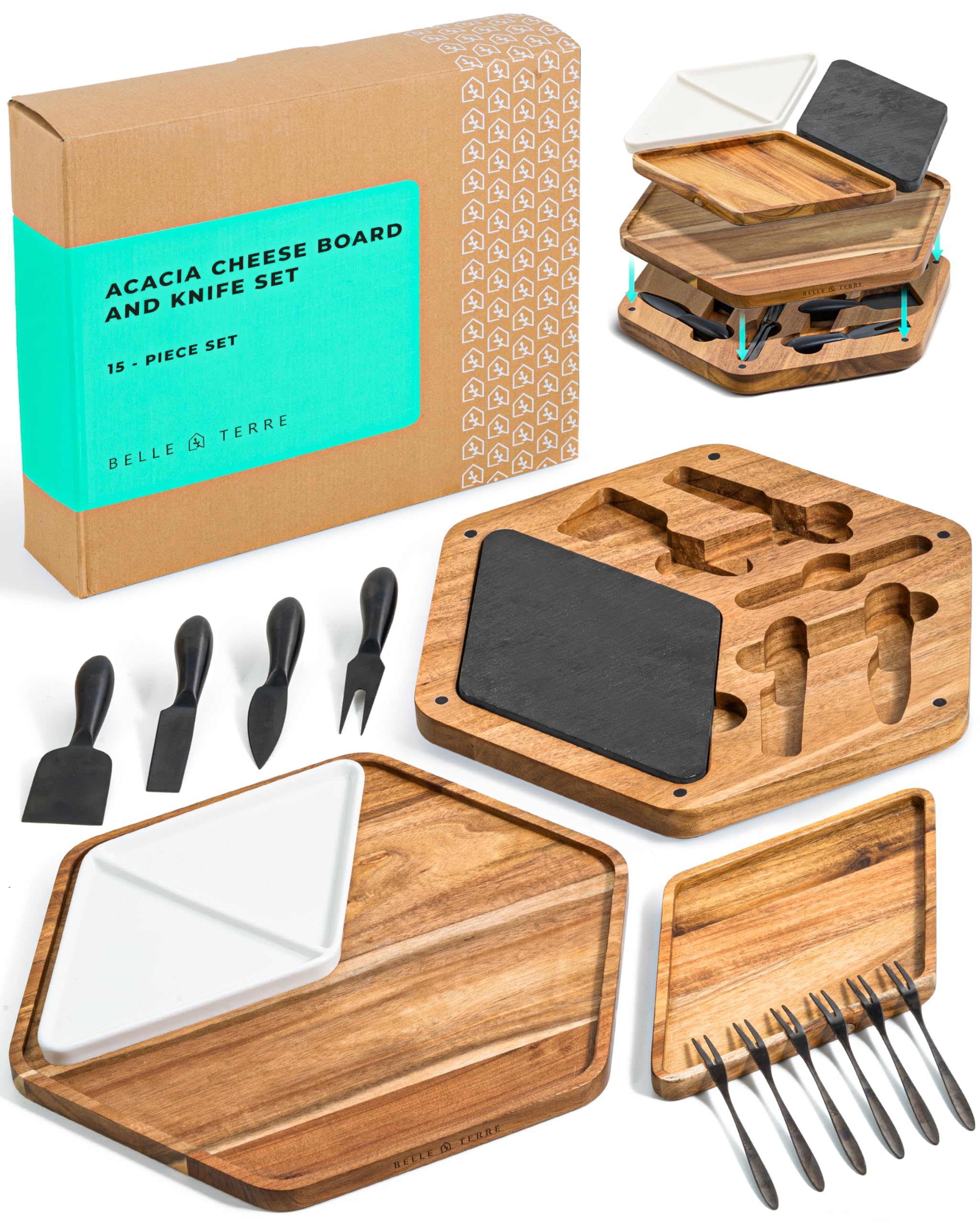 Premium Wooden Cheese Board Set - Charcuterie Serving Platter with Tray, Knives & Forks for Cheese, Crackers, Meats, Fruits & Olives - Perfect Gift for Entertaining, Parties, Wine Tastings & Holiday Gatherings - Elegant Serving Solution for Hosting & Home Decor