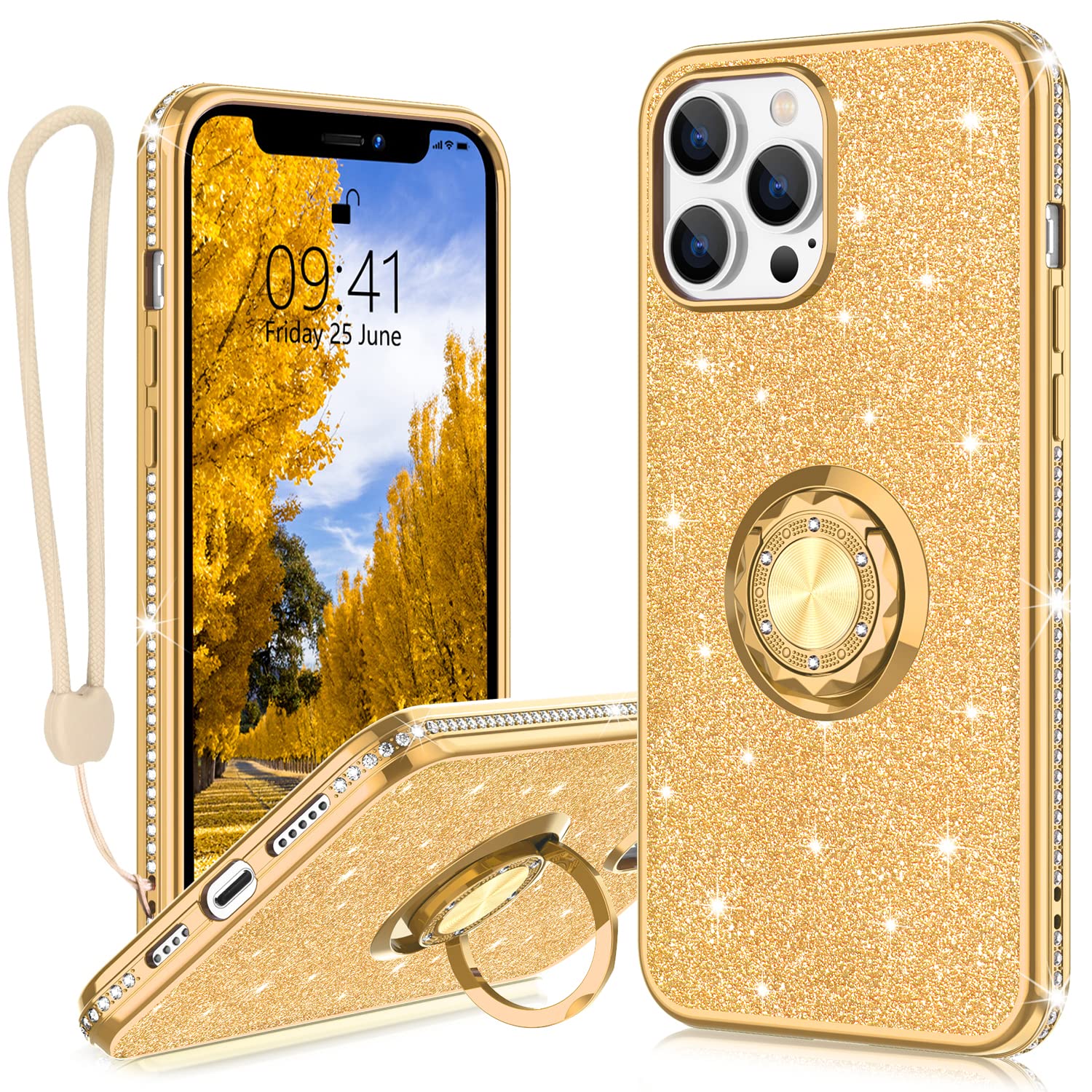 Sparkly Protective iPhone 13 Pro Max Case with Ring Stand - Shockproof TPU Glitter Phone Cover for Women & Girls (6.7 Inch, Gold) | Perfect for Daily Use, Work, Travel & Selfies