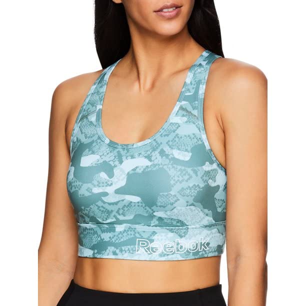 Reebok Women's Sports Bra with Back Pocket & Removable Pads - Laurel Wreath Design - Medium Size - Perfect for Running, Yoga & Gym Workouts