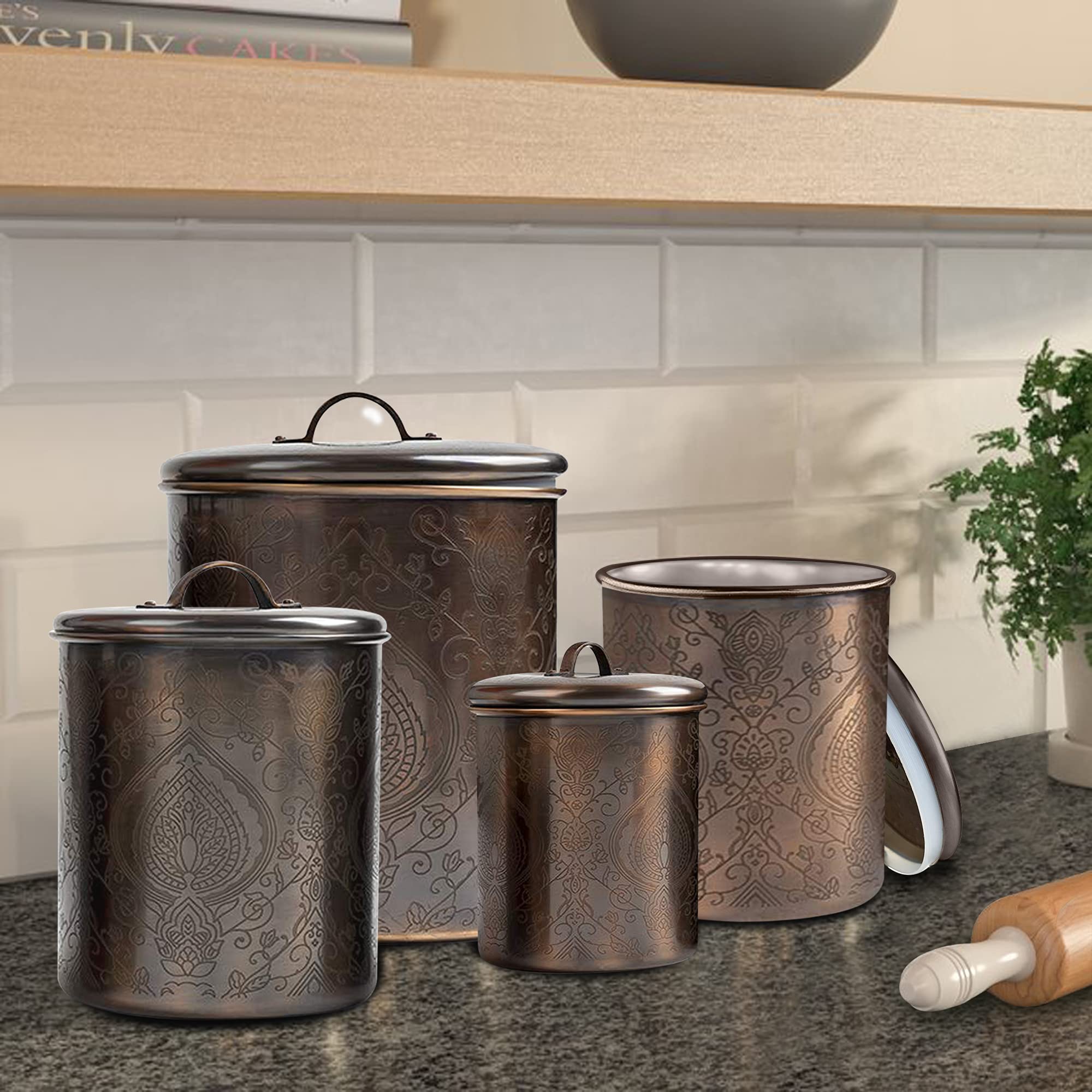 Premium Antique Etched Kitchen Canister Set - 4-Piece Copper & Stainless Steel Storage Containers for Flour, Sugar, Coffee & Tea | Elegant Pantry Organization & Countertop Display