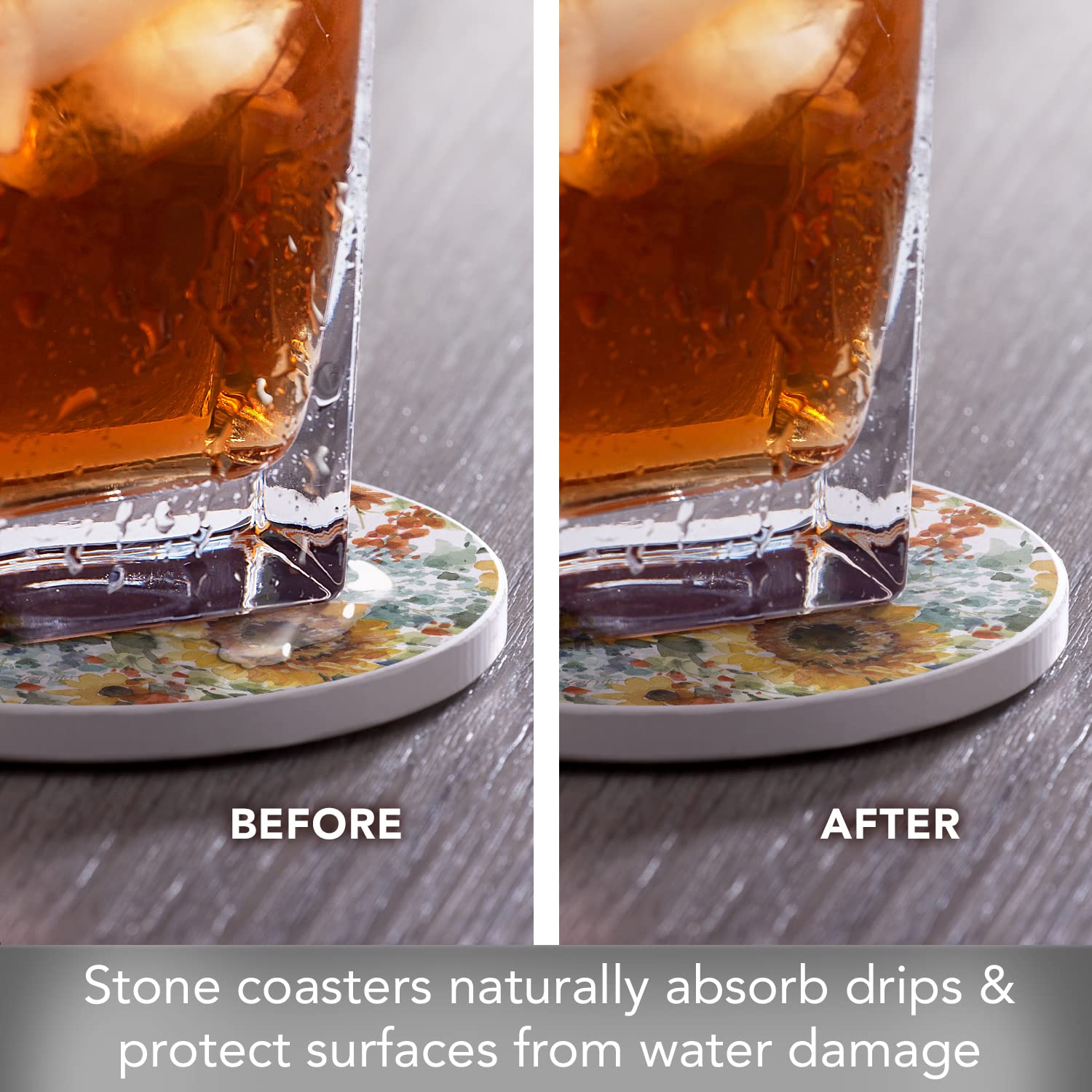 Thirstystone Sunflowers Forever 4-Pack Round Absorbent Stone Coasters with Cork Backing - Handmade in USA, Artistic Design, Easy to Clean - Perfect for Coffee Tables, Bars, and Home Decor