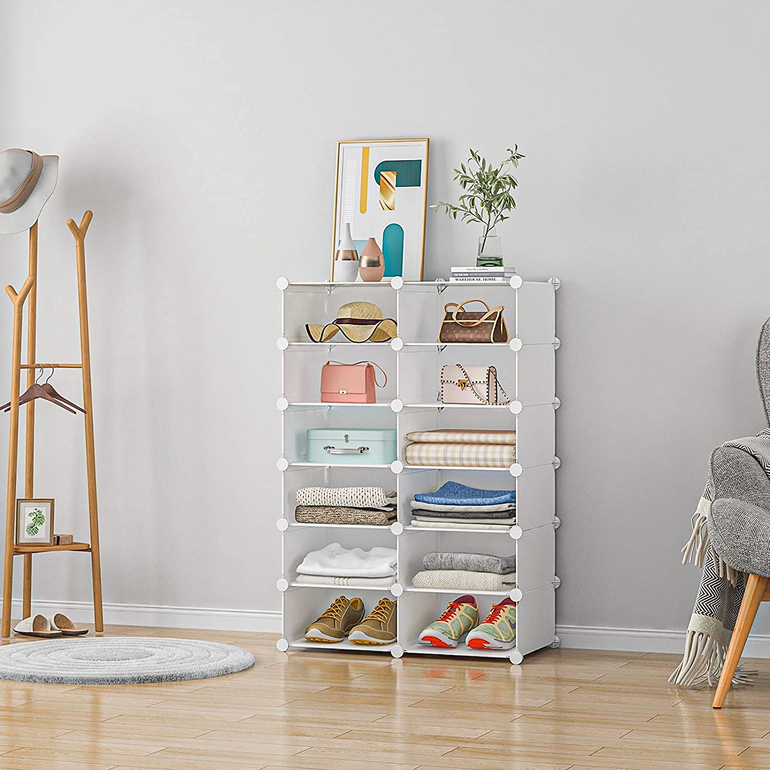 Aeitc 6-Shelf Stackable Closet Organizer - Adjustable Space Saving Storage Shelf for Clothes, Shoes & Accessories - White (18 Sections) - Perfect for Bedroom, Walk-in Closet & Small Space Organization