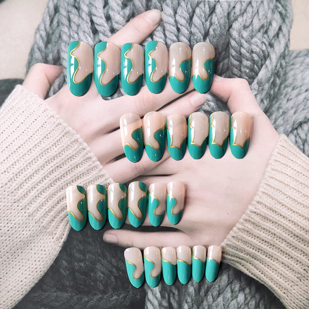 24Pcs Long Coffin Press on Nails - Glossy Ballerina Fake Nails with Lines Design, Full Cover Clip on Nails for Women & Girls | Perfect for Parties, Weddings & Daily Wear