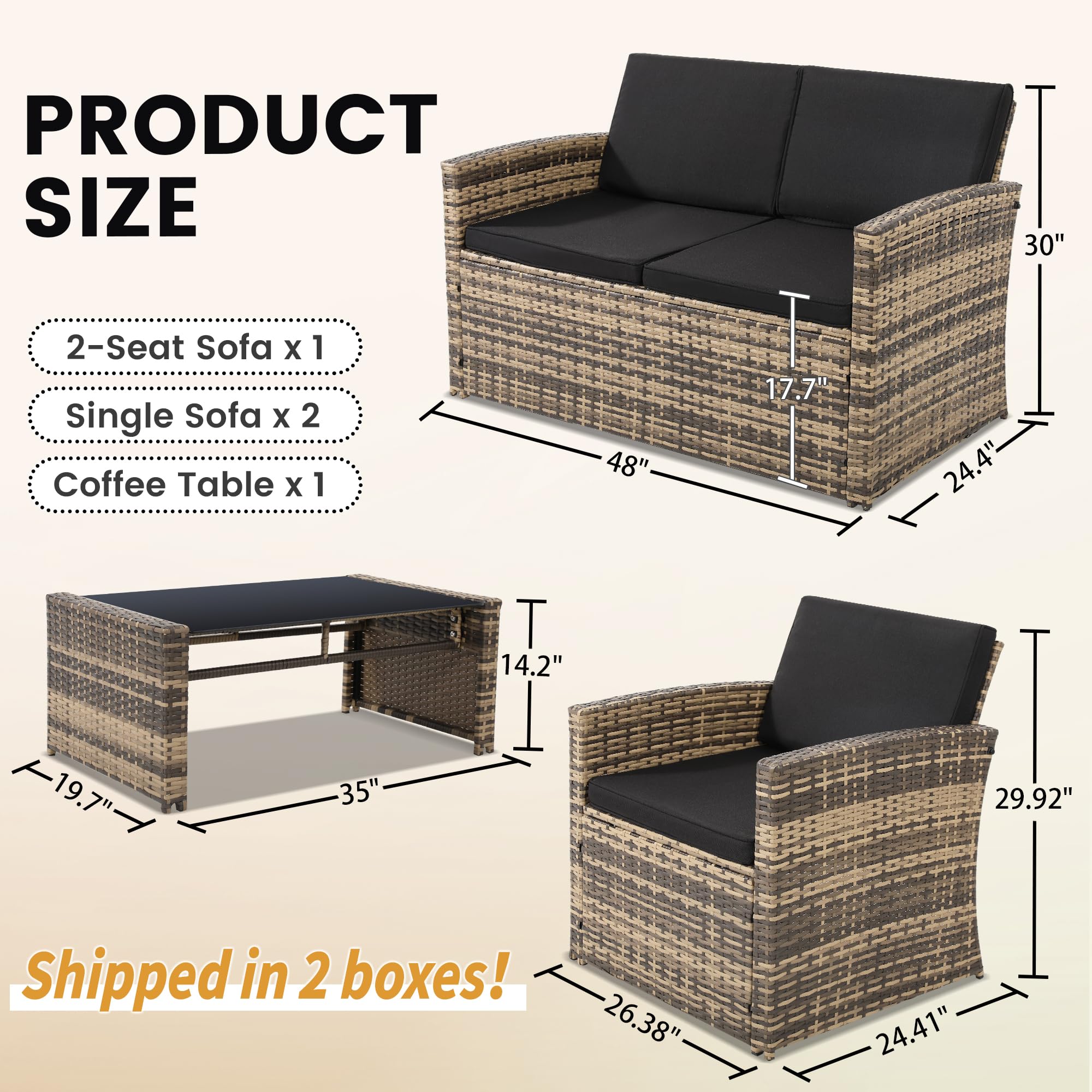 4-Piece Outdoor Patio Conversation Set - Wicker Sectional Sofa with 2 Chairs & Coffee Table - Natural Rattan Furniture with Black Washable Cushions - Perfect for Porch, Deck, Garden & Backyard Relaxation