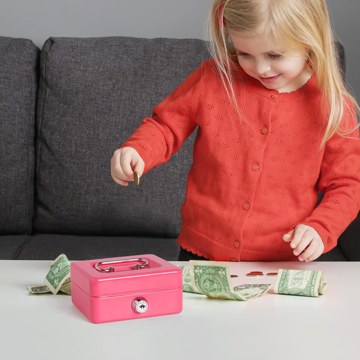 Lovndi Small Cash Box with Lock & Money Slot - Secure Piggy Bank for Kids & Adults - Pink Money Box for Savings, Coins, Bills - Ideal for Home, Office, Gift Giving