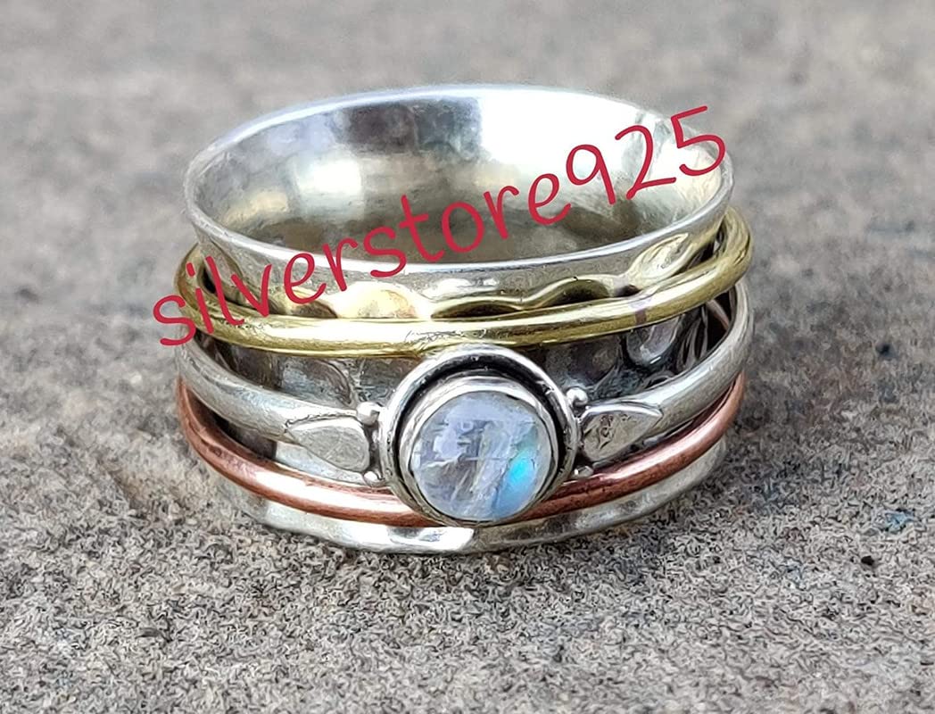 Moonstone Spinner Ring for Women - Handmade Silver Meditation & Anxiety Relief Ring - Elegant Spinning Statement Band Jewelry - Perfect for Stress Relief, Mindfulness & Fashion Accessories