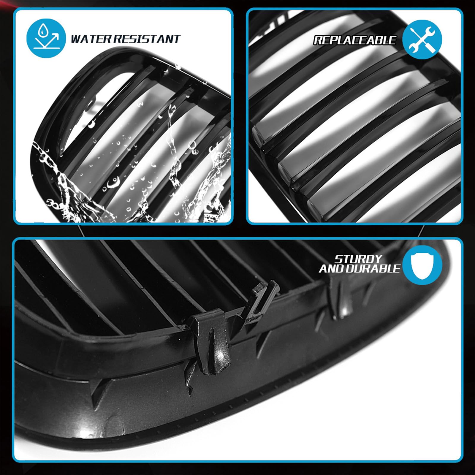 Gloss Black Front Grill Replacement for BMW X5 E70 (2007-2013) & X6 E71 (2008-2014) - Mesh Single Slat Kidney Grille with Side Fender - Perfect Upgrade for Enhanced Style & Protection