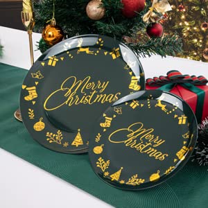 YOUBET 175-Piece Christmas Party Dinnerware Set - 25 Green Plastic Plates, 25 Gold Plastic Silverware (Knives, Forks, Spoons), 25 Cups & 25 Napkins - Holiday Tableware for Christmas Celebrations, Family Gatherings & Festive Decorations