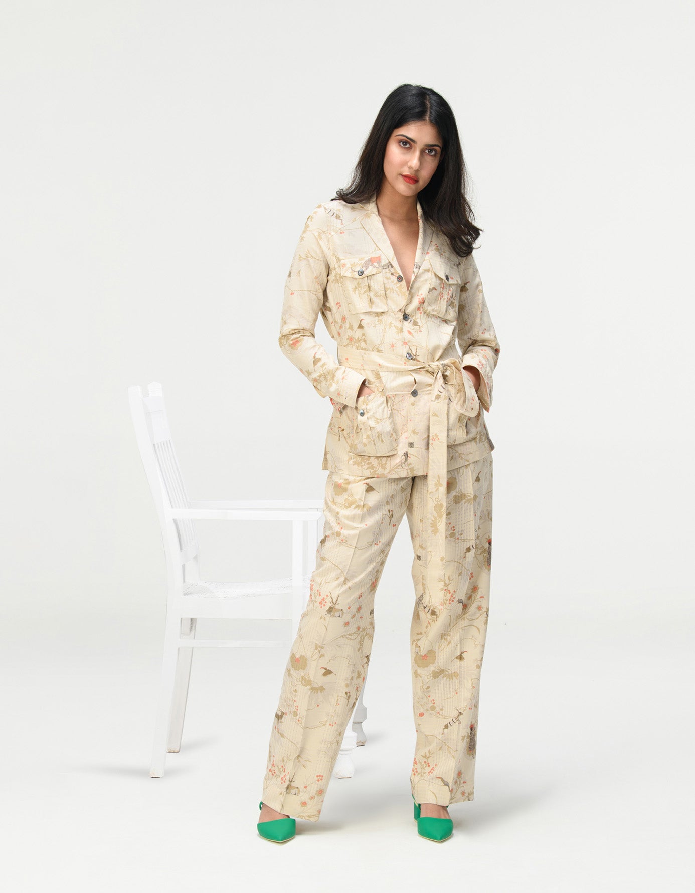Single Pleated Trousers for Women - Cotton Silk Blend Checkered Ivory Pants | Office Wear & Casual Chic Outfits