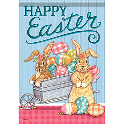 Classic Garden Flag with Bunny Wagon Design - Carson Home Accents 49981 - Perfect for Easter Decor, Spring Porch Decorations & Outdoor Yard Decor