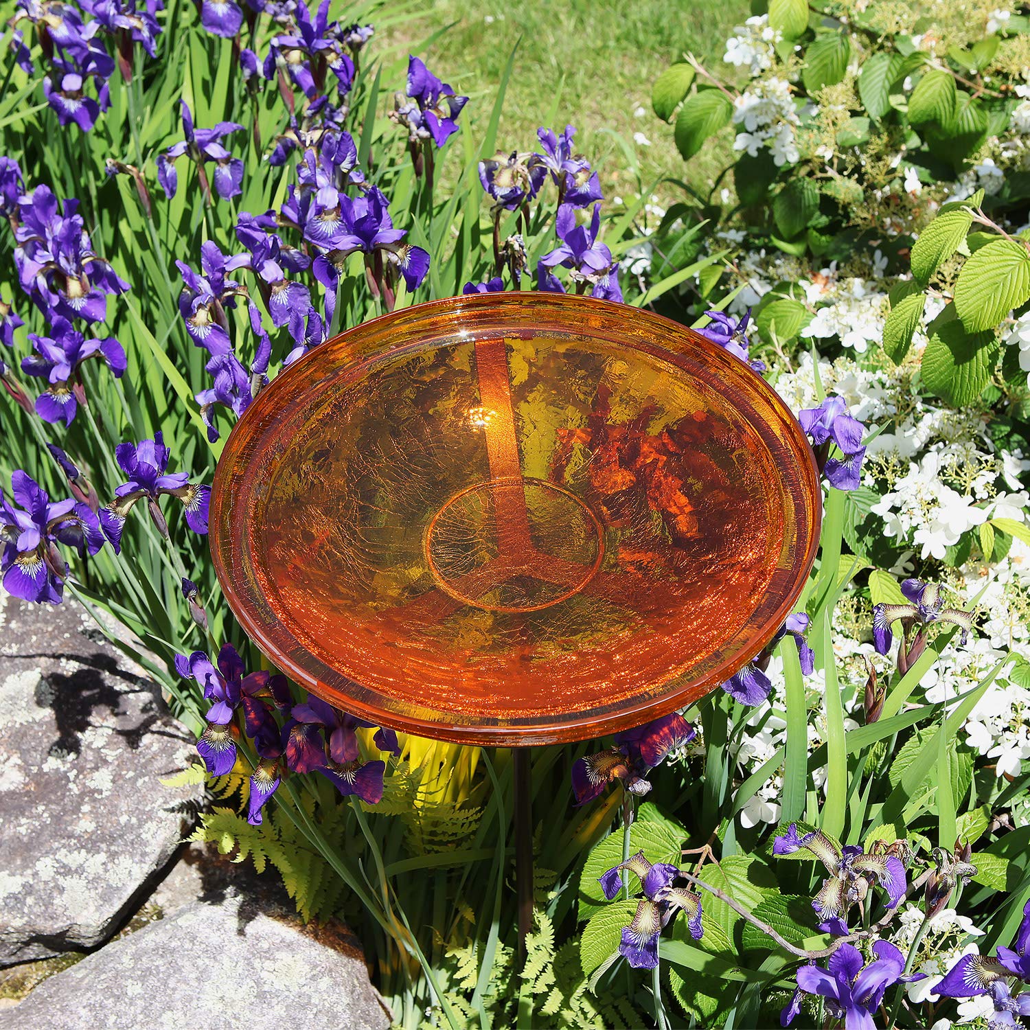 Achla Designs 14-inch Crackle Glass Birdbath Bowl with Stake - Decorative Garden Bird Feeder for Outdoor Patio, Yard & Backyard Decor - Attracts Wild Birds for Bird Watching