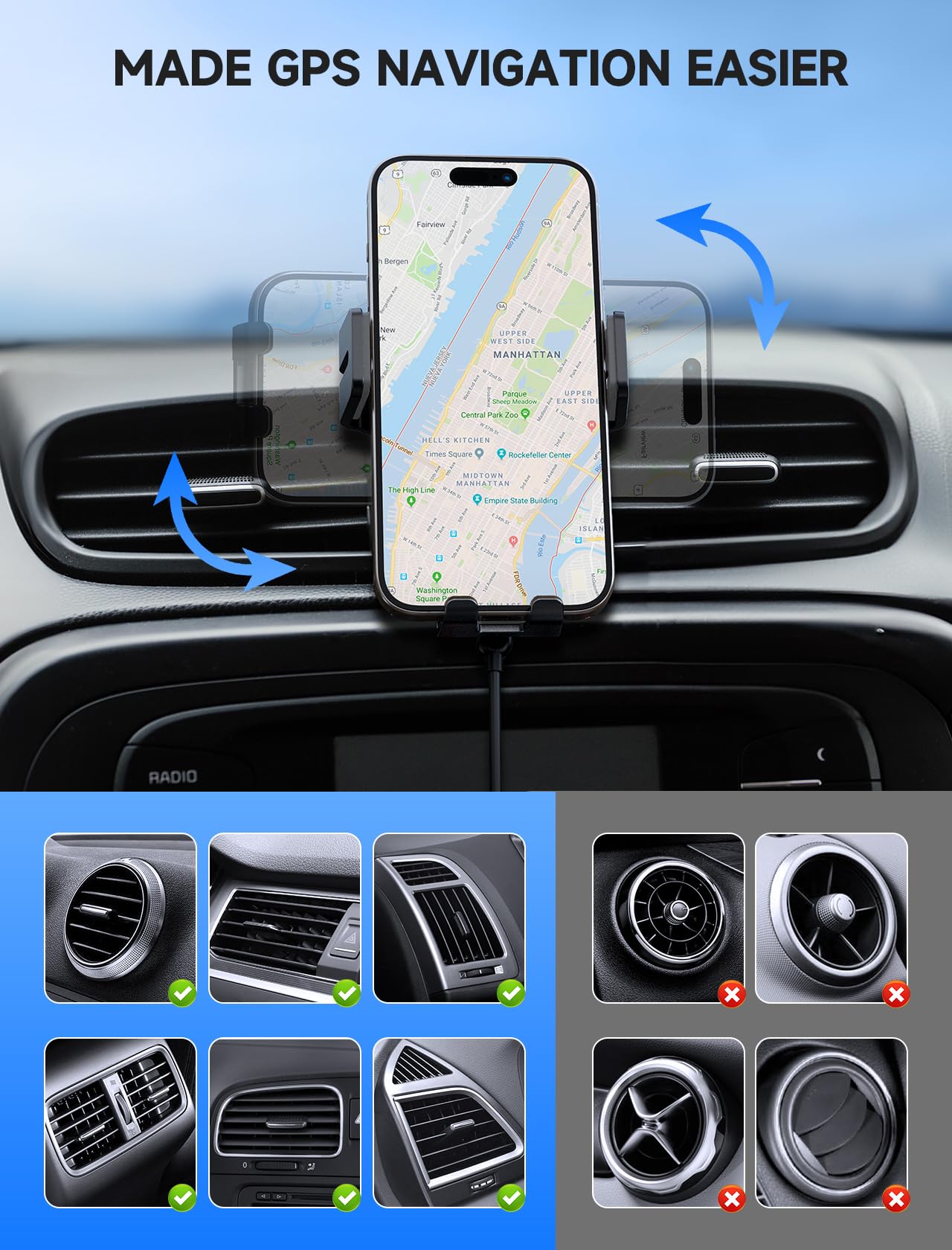 15W MOKPR Auto-Clamping Wireless Car Charger - Fast Charging Phone Holder for iPhone 16/15/14/13/12/11/X/8 & Samsung S24/S23/S22 - Compatible with Dashboard, Windshield & Air Vent Mounts | Perfect for Road Trips & Daily Commutes