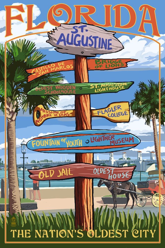 St. Augustine Florida Destinations Sign - 24x36 Signed Art Print Wall Decor Poster - Perfect for Home, Office & Gift Giving