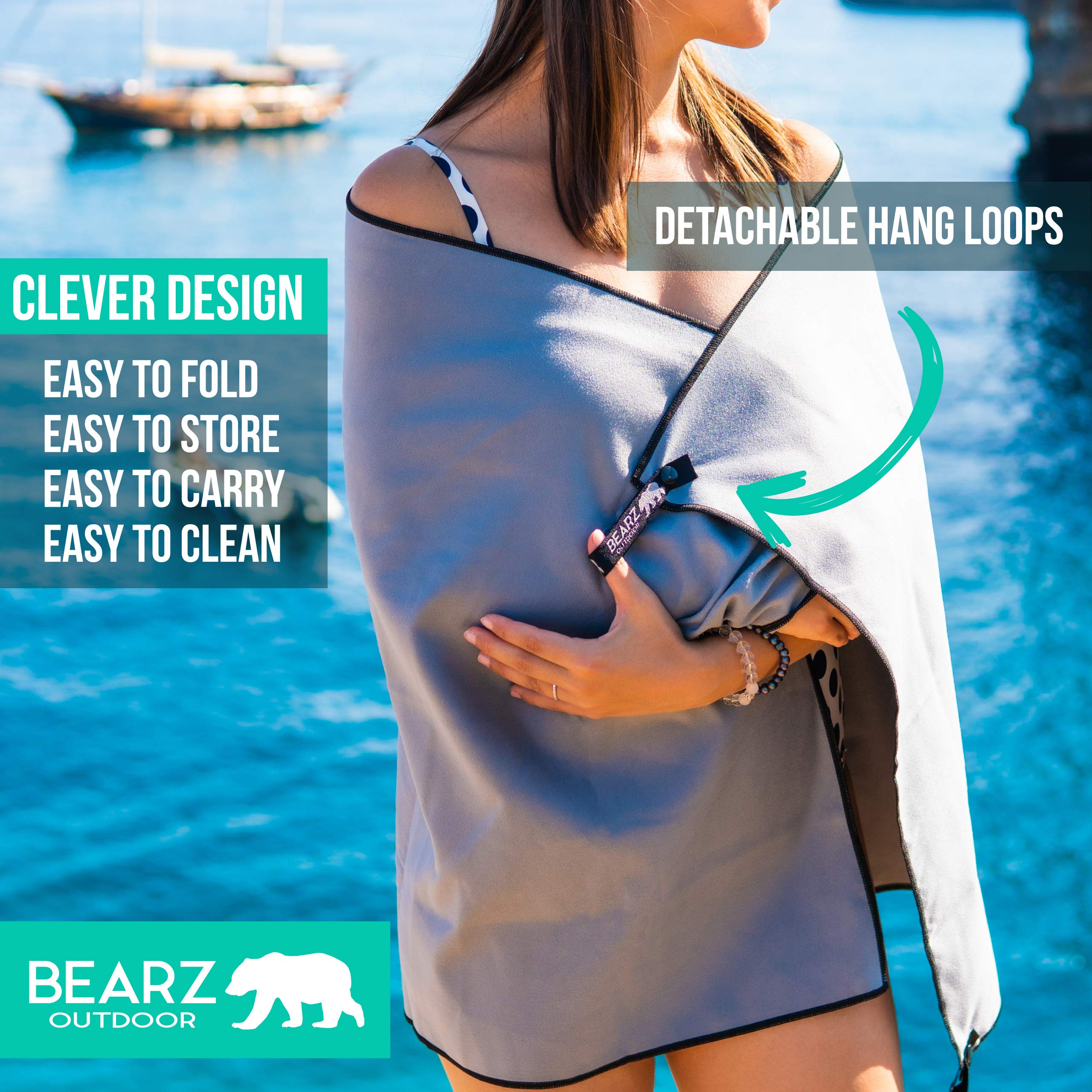 BEARZ Outdoor Microfiber Towel Set - Ultra Absorbent Quick Dry Gym, Yoga, Camping & Travel Towels - Lightweight Compact Sports & Beach Towel with Free Face Towel - Perfect for Workouts, Swimming & Outdoor Adventures