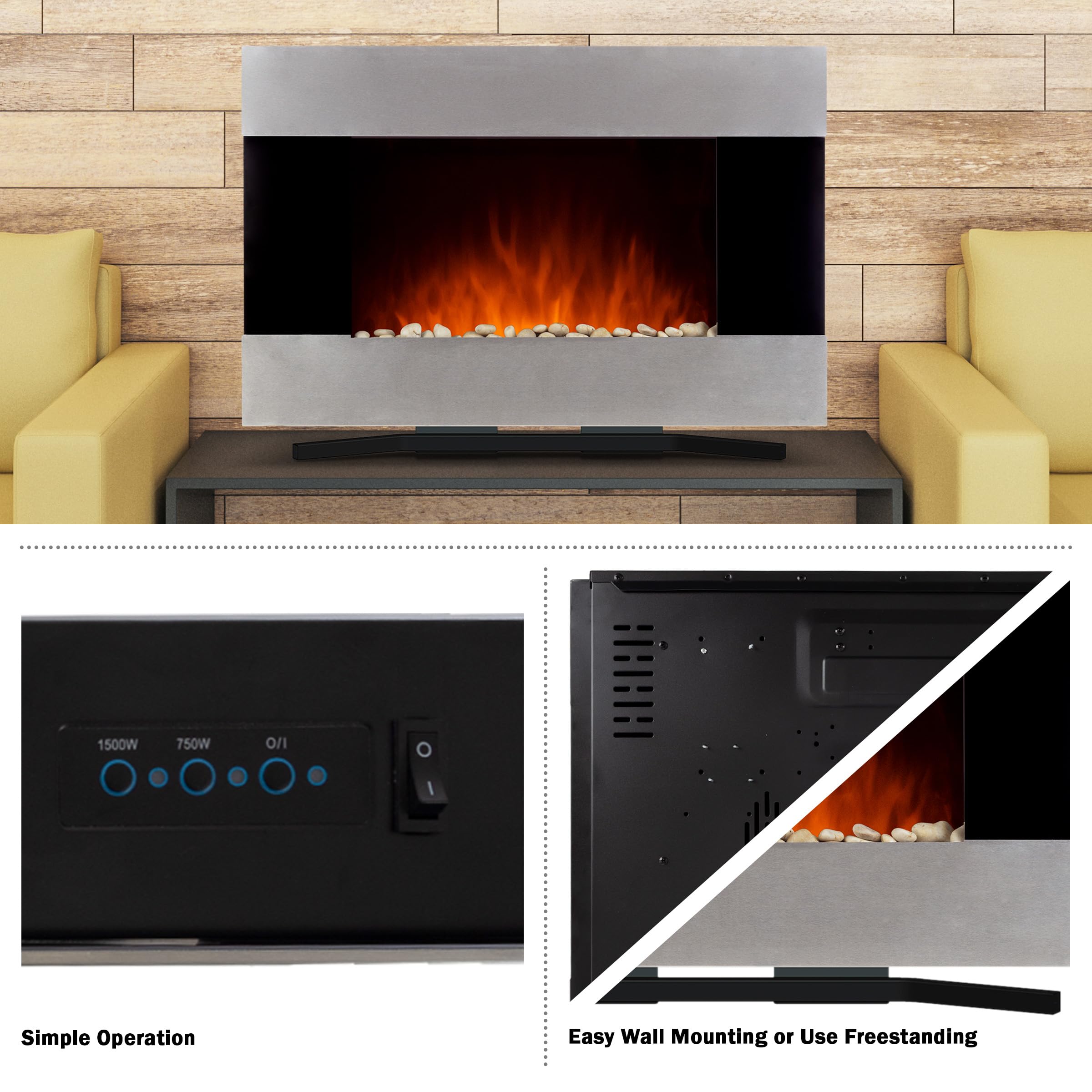 36-Inch Wall Mounted Electric Fireplace - Modern Stainless Steel Fireplace Heater with Remote Control, Adjustable Flame & Temperature, Floor Stand - Perfect for Living Room, Bedroom & Office Decor