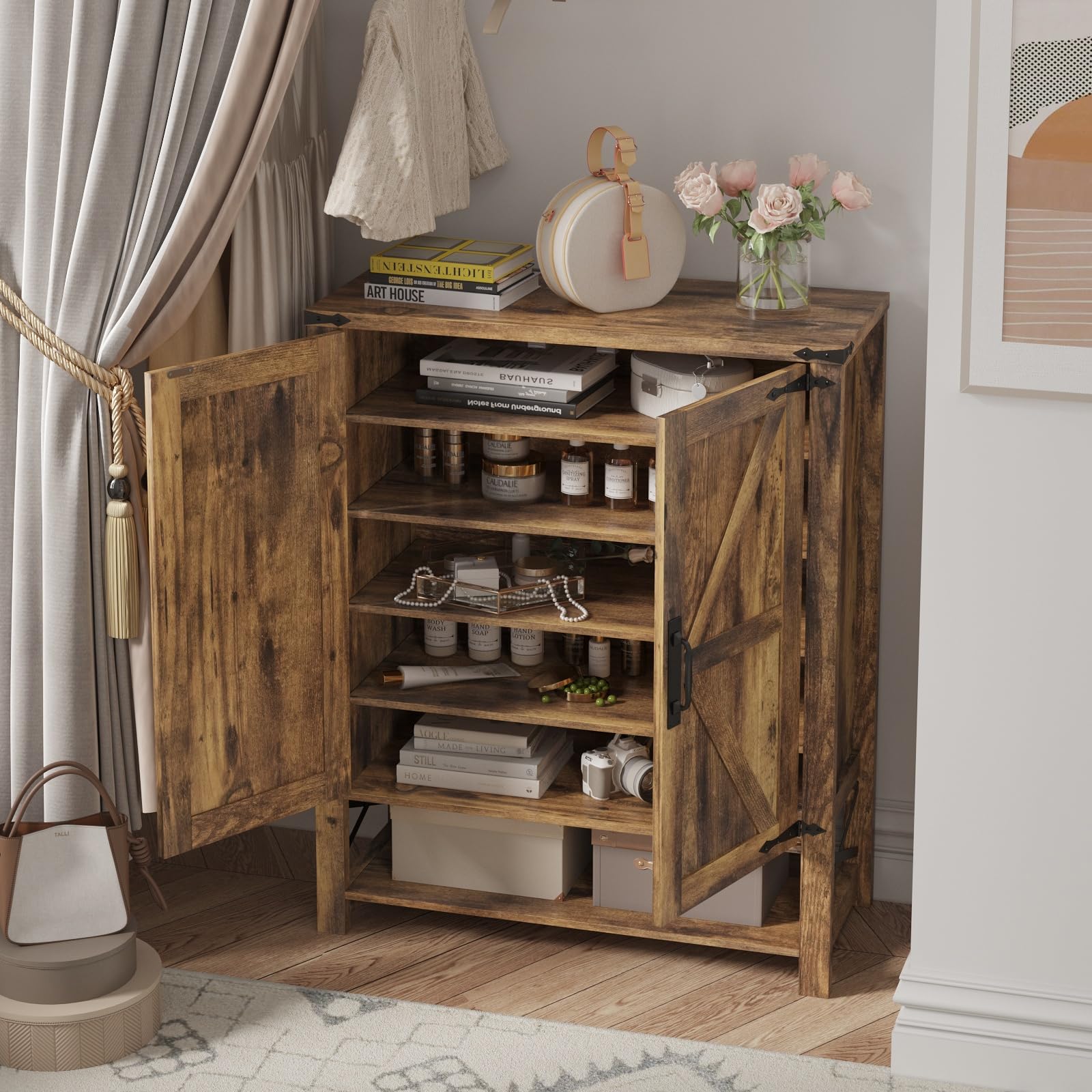 Maupvit 6-Tier Wooden Shoe Cabinet with Doors - Adjustable Shelves Farmhouse Shoe Storage Organizer for Entryway, Hallway, Living Room - Perfect for Small Spaces & Shoe Collection Organization (Brown)